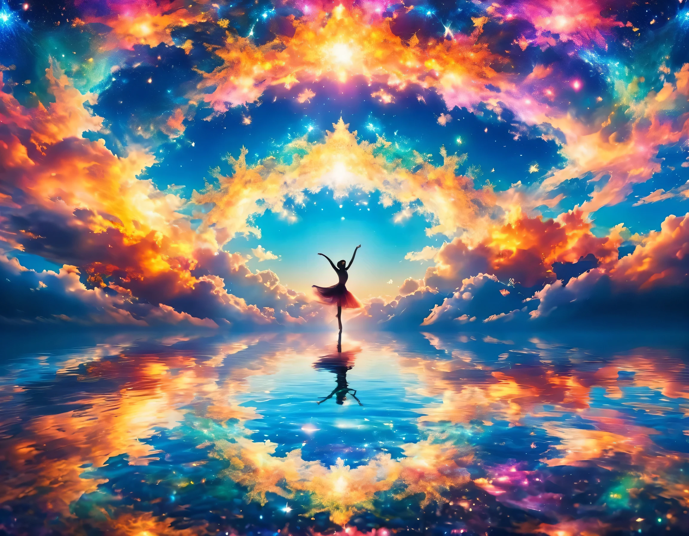 The sky is reflected in the mirrored sea,reflection,A beautiful sky spreads out,dream-like,wonderful景色が広がります,,Highestの時間をあなたに,Highest品質,photograph,structurally correct,perfect composition,広告用に撮影されたphotograph,beautiful光と影,Photographed by a professional photographer,Highestの景色に選ばれた,rich colors,Cast colorful spells,get used to it,wonderful,wonderful,light effect,Sparkling,reflection,night,night空,star,Highest,dancers dance in the center:young woman:beautiful:looks happy
