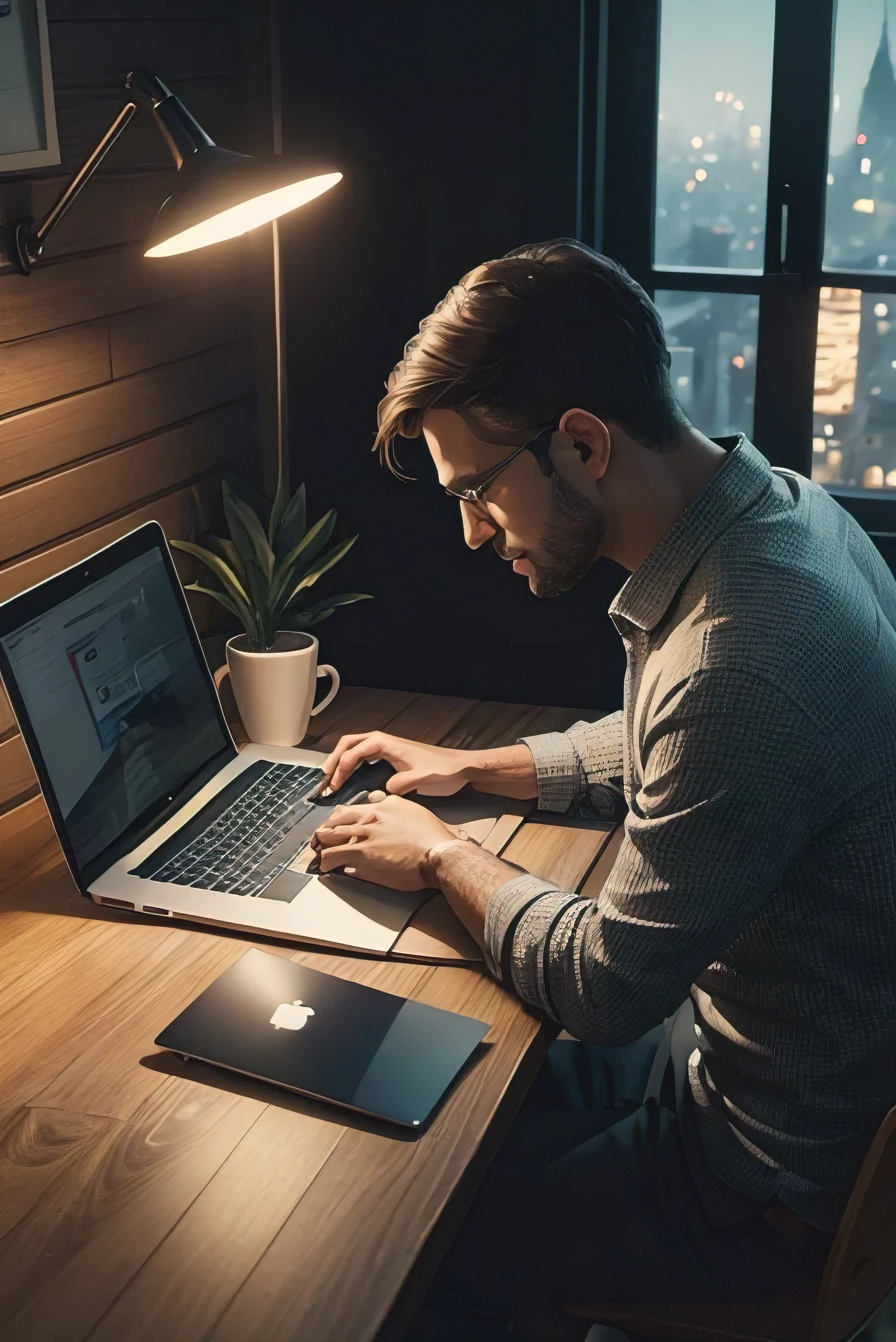 man is using a macbook computer on a wooden table, pexels, computer art, working on a laptop at a desk, typing on laptop, study lamp, dark background, Stunning graphics, stunning visuals, stylised illustration, photorender, Detailed scene, digitally enhanced, city view windows, cup of coffee on desk