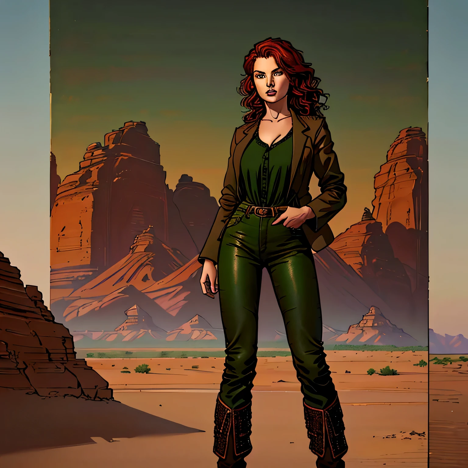 (chica,Blusa verde,chaqueta cafe,pelo rojo corto ondulado,ojos verdes,Fondo del desierto,pantalones vaqueros,botas negras),(Mejor calidad:1.2,ultra detallado,realista:1.37),Oil painting,retrato,Harmonious color combination,warm lighting