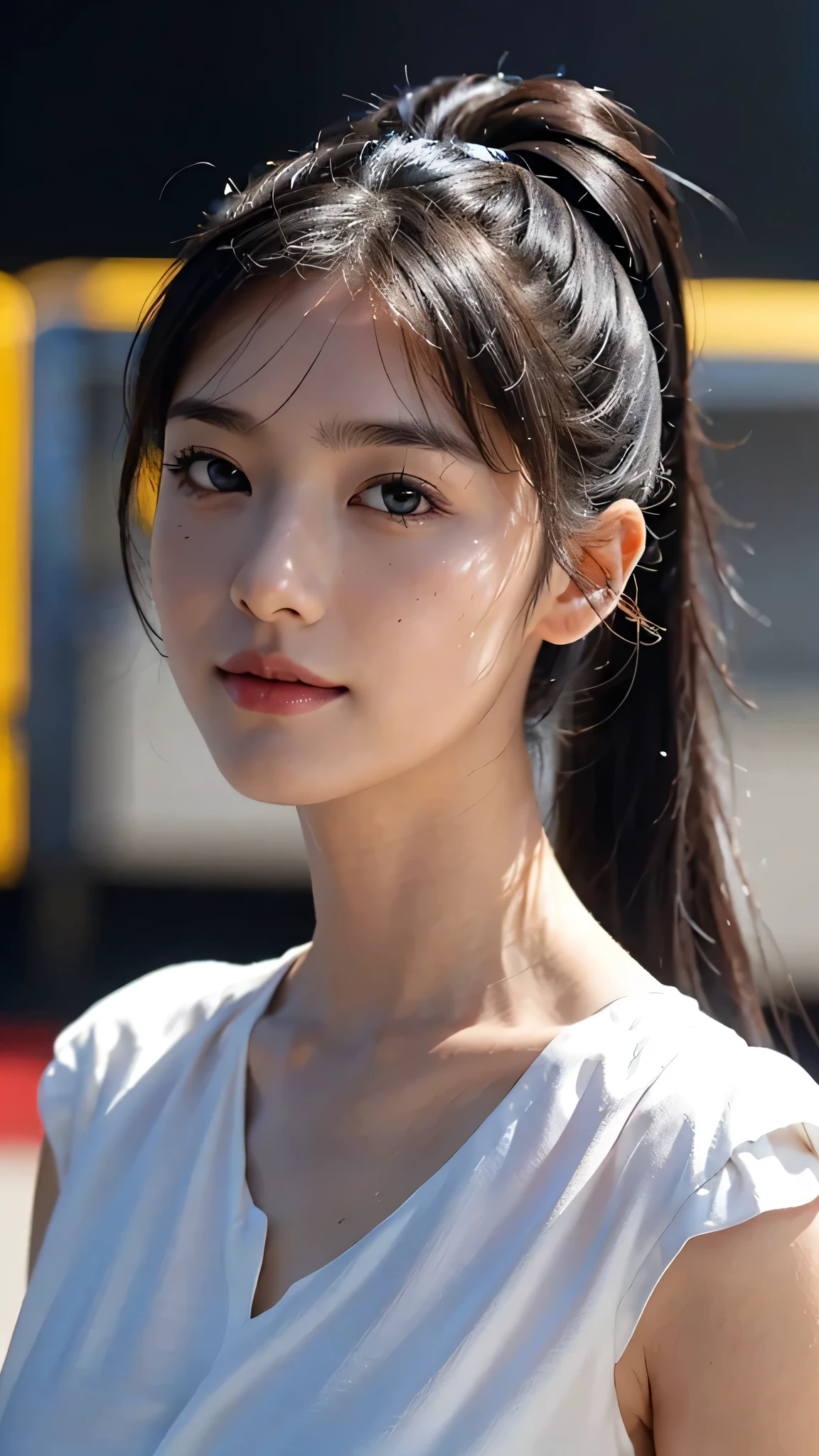 One woman,fully body photo,masutepiece, The highest image quality, High quality, the background is clear，Beautiful woman, Japanese, Detailed, Detailed eyes, Detailed skin, Beautiful skin, 超hight resolution, (reality: 1.4),Very beautiful woman, Slightly younger face, Beautiful skin, slender, (Ultra photo realsisim), (hight resolution), (8K), (Very detailed) (beautifully detailed eyes), (super detailed),   (Detailed face), view the viewer, Fine details, Detailed face, Staring straight ahead, Staring straight ahead, photos realistic, Bright lighting, Professional Lighting, Black hair,poneyTail,a baby face,sixteen years old,Hairstyle is ponytail,long ponytail hairstyle,smile,Orange colored long dress with lots of ruffles, softly shaped skirt,standing on stage,close up of face