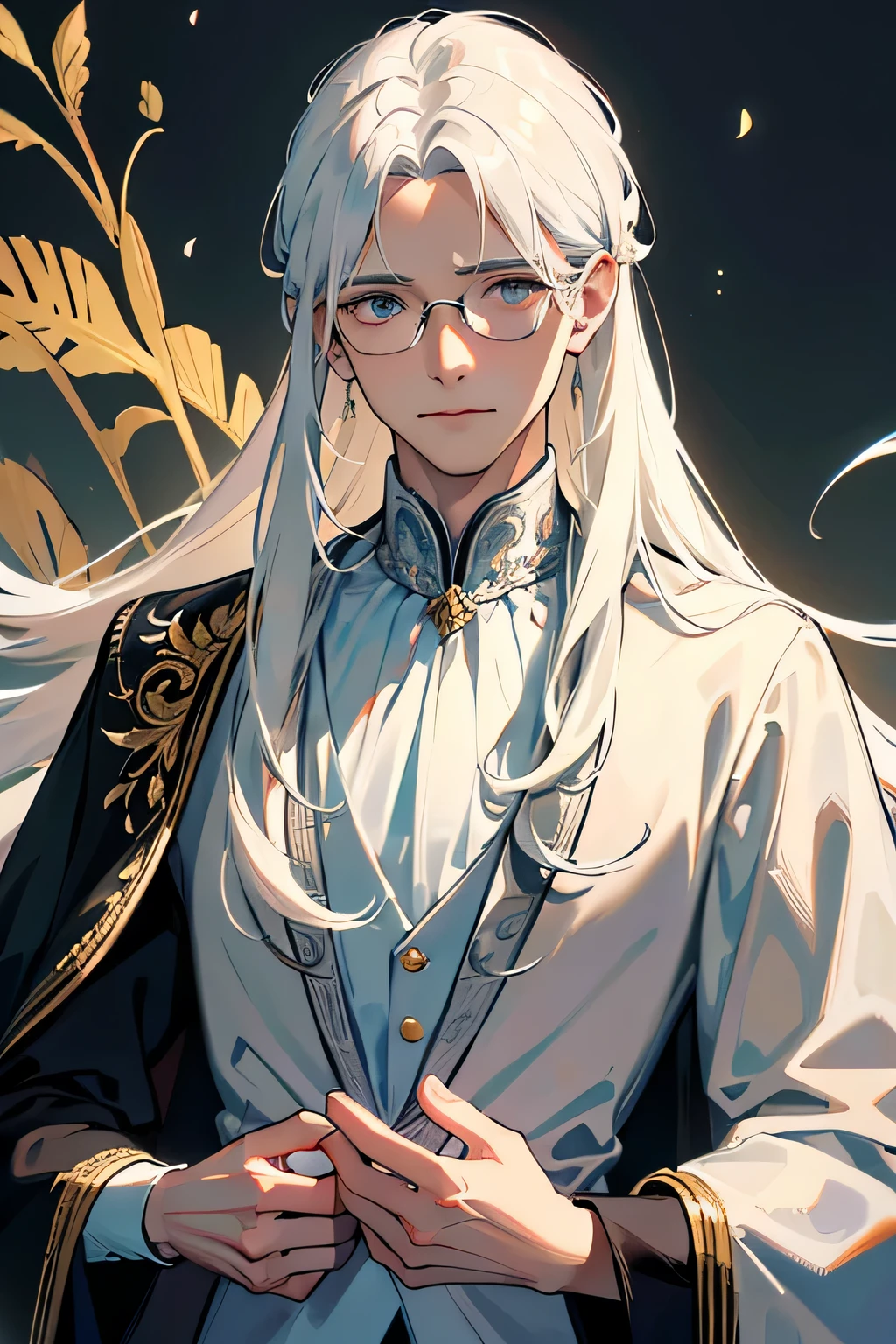 Grown up guy, adult face, adult guy 30 years old, (absurdres, highres, ultra detailed), finely detailed eyes and detailed face, detailed eyes, elegant, ((graceful guy)), (((ash hair))), (((White hair))), (((disheveled long hair))), (((Magic clothes))), ((Round glasses)), grey eyes, kind guy, soft pose, soft smile, kind smile, Background Cosmos, Tight clothes, frail guy, masterpiece, (((very detailed eyes)))