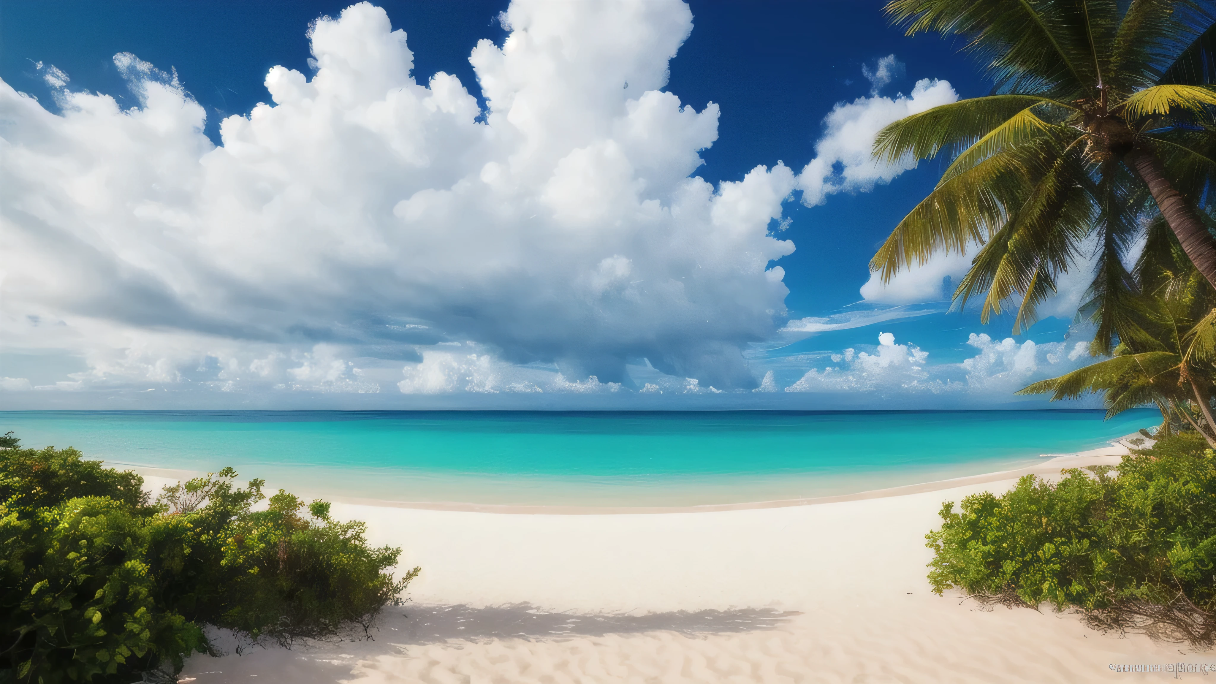 masterpiece, ultimate quality, CG Unity 8K 壁紙, super delicate, beautiful sky and clouds, blue sea、white sand beach、tropical beach、Palm tree、 no trace of people, Nice views, Already won a photo contest, Entire depth of field, HDR high dynamics, true restoration, Complex, extreme details, dramatic presentation, Perfectly expresses the style of mid-journey art.A rainbow is out