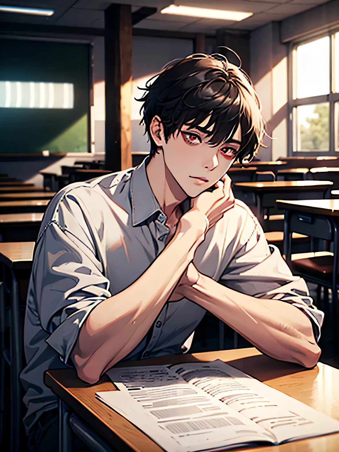 1 boy, classroom background, wearing , absurd, masterpiece, highres, intricate details, red eyes, detailed face, global illumination, subsurface scattering