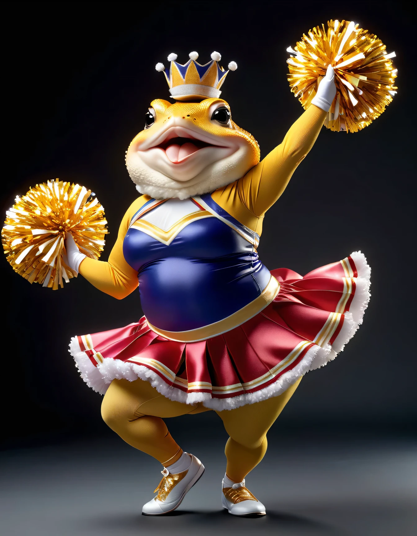 photorealistic portrait of Dressed animals - a ((fat)) toad cheerleader,(cheer dancing:2.0),(dynamic action pose:2.0), high quality,(lovely) ,intricate details, highly detailed ((cheer costume)) ,highly detailed cheer clothes, holding pom-pom ,(passion) , highly detailed hair , (happy), studio lighting,(full body image:1.5)