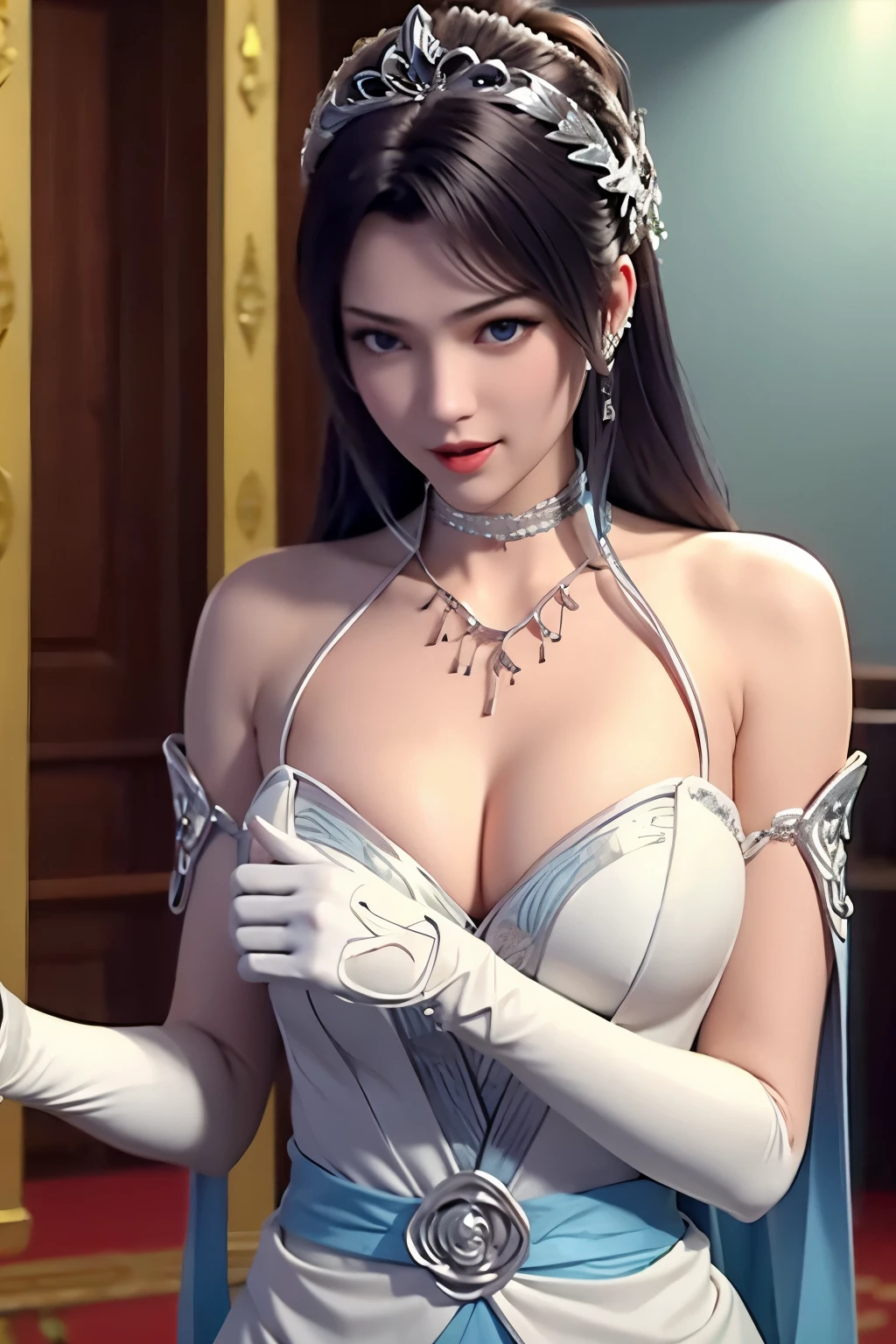 sagisawa fumika, 1girl, solo, watch, pendant watch, blue eyes, breasts, gloves, tiara, dress, long hair, cleavage, looking at viewer, white gloves, bare shoulders, open mouth, large breasts, strapless, choker, blush, white dress, black hair, brown hair, hair between eyes, strapless dress, collarbone, smile, bangs, on stage,