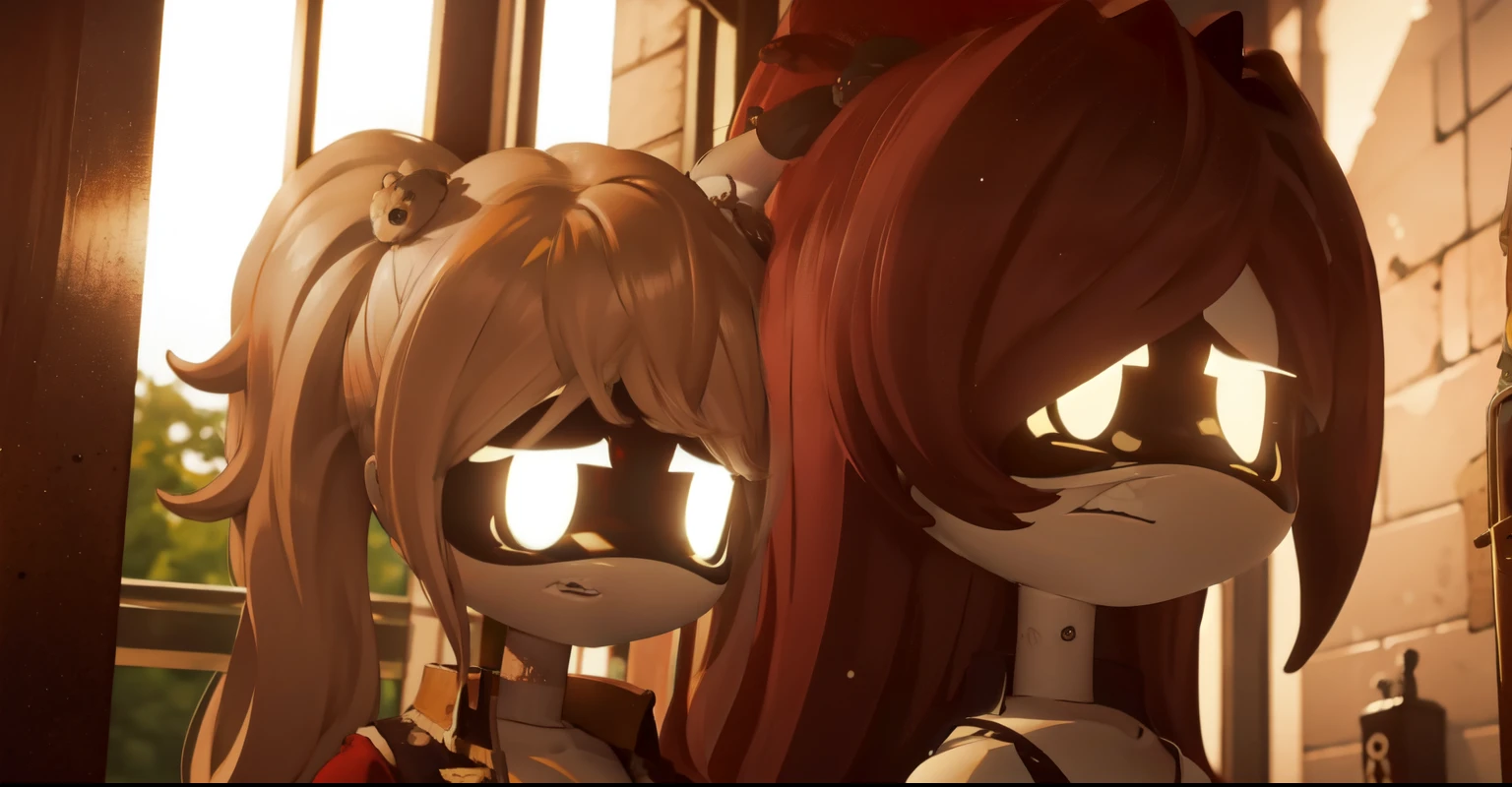 muro de ladrillo grueso color blanco con una tenue luz amarilla y una ventana donde se ve un paisaje helado, murder drone, J, android, blonde hair, twin tails, yellow eyes, doll joints, glowing eyes, military uniform, standing looking at the viewer with a sad, standing, sad, hunched over, hollow eyes,