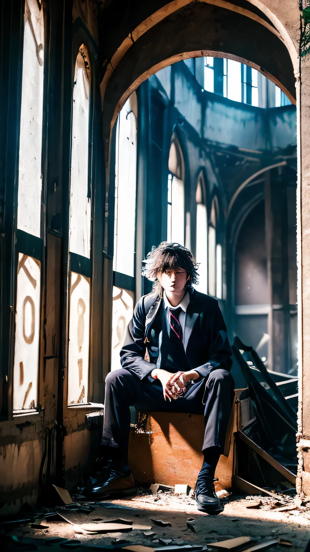 A young man with messy hair dressed as a student from an Islamic private school is in the middle of an abandoned building and above his head is the writing "Pasca Normal" in a writing style like Jujutsu Kaisen. Design genre Horor Fantasy Anime