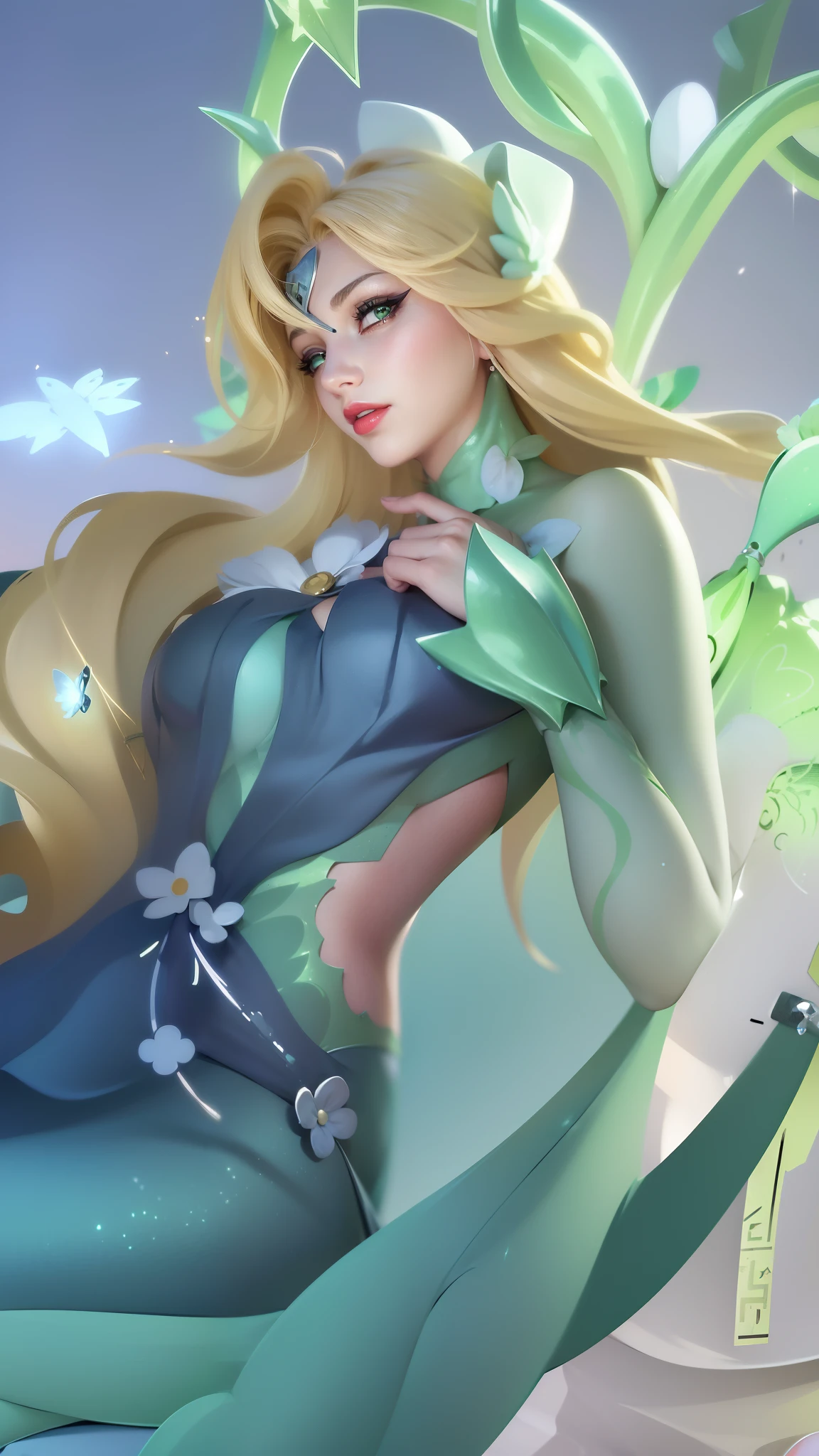 (female:1.2), 8k, ultra hd, ultra detailed texture, hyper realistic, masterpiece, detailed texture, detailed face, detailed skin, detailed lighting, (photorealistic:1.5), best quality, beautiful lighting, cinematic lighting, professional lighting, ultra highres, realistic, detailed hair, real hair, high quality, (realskin:1.5), extremely detailed, finely detail, ultra-detailed, 1girl, solo, standing, demon horns, (green eyes:1.5), v-shapped eyebrow, lips, red lips, evil smile, nose, make up, pretty, beautiful, long hair, blue hair, high ponytail, large breasts, cleavage, armpit, navel, stomach, black armor, pauldrons, bare shoulders, shoulder armor, thigh high, sleevless, detached sleeves, breastplate, gauntlets, karina \(mobile legends\), depth of field, looking aways, white skin, skin tight, amazing pose, outdoors, glowing, dark view, blurry background