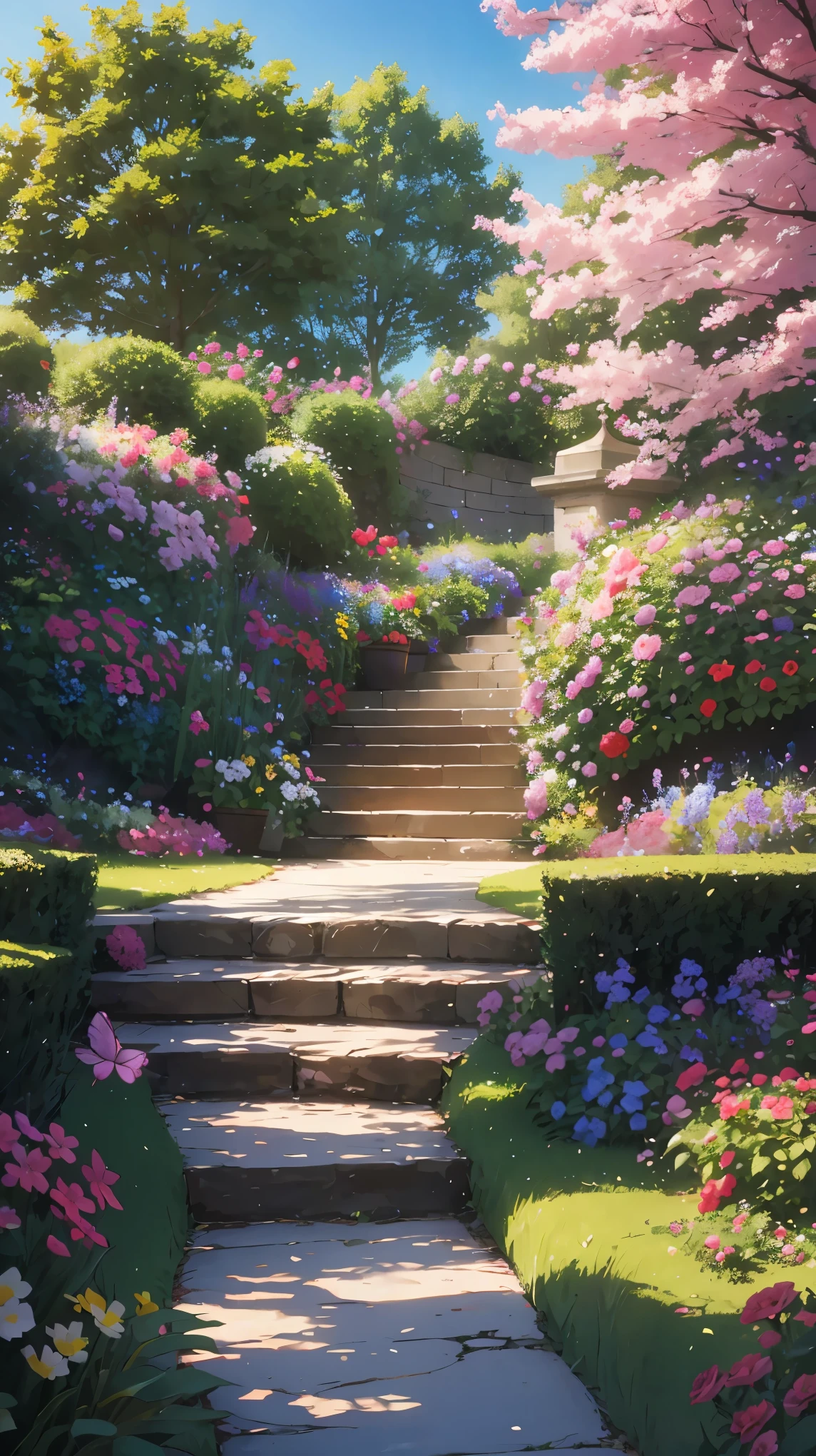 A painting of a garden with a stone path and steps - SeaArt AI