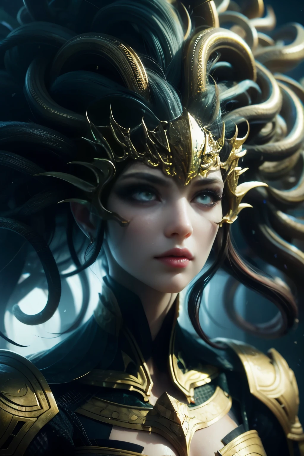 (high quality), (masterpiece), (detailed), 8K, Hyper-realistic depiction of a Japanese female character in a futuristic setting embodying the essence of Medusa, blending elements of myth and technology with captivating realism. Trending on DeviantArt.