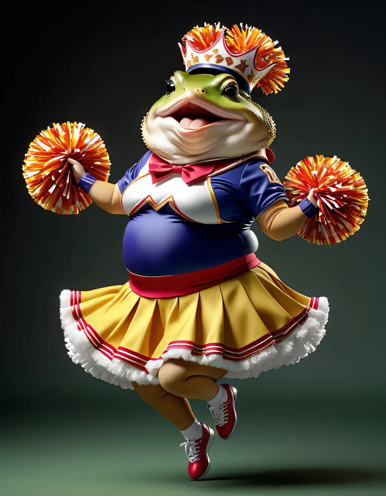 photorealistic portrait of Dressed animals - a ((fat)) toad cheerleader,(cheer dancing:2.0),(jumping:2.0), high quality,(lovely) ,intricate details, highly detailed ((cheer costume)) ,highly detailed cheer clothes, holding pom-pom ,(passion) , highly detailed fluttering hair , (happy), studio lighting,(full body image:1.5)