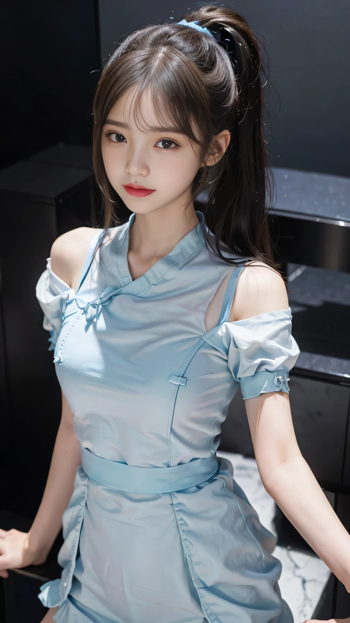 1girl in, 独奏, verd s eyes, doress, looking_at_viewer, neck_ribbon, cute little, Clear facial skin, (top-quality), (masterpiece:1.1)