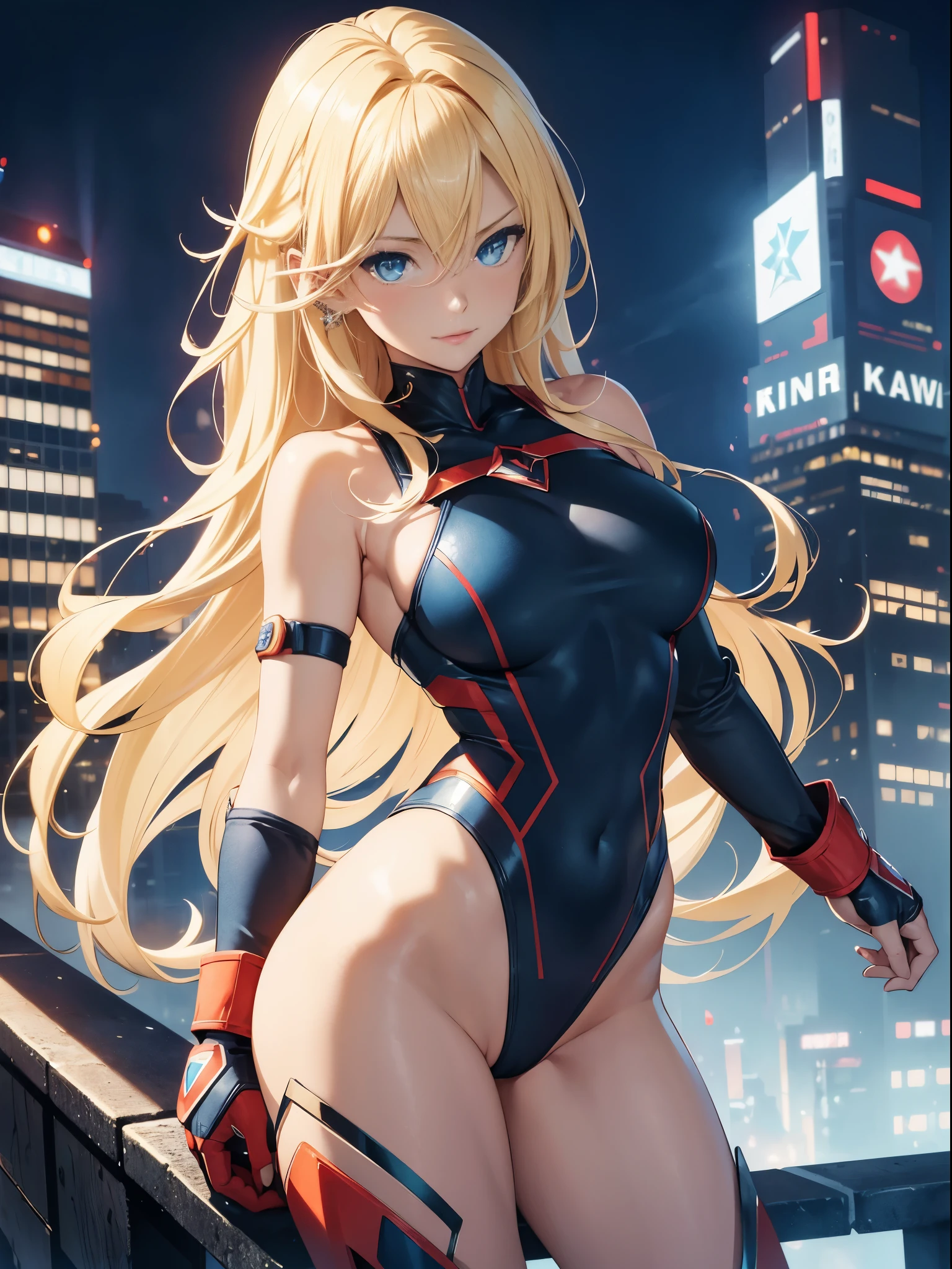 masterpiece, best quality, highres, 1girl, solo, superhero, leotard, bare legs, boots, matching boots, sleeveless, gloves, bracelets, matching gloves, looking at viewer, city backdrop, perfect hands, perfect eyes, perfect leotard, perfect legs, perfect arms, perfect fingers, ((red diamond crest on chest)), (blue and white leotard), blonde hair, blue eyes, medium breasts, long hair, ahoge, standing straight, hands on hip, full body shot, heroic, blue glow