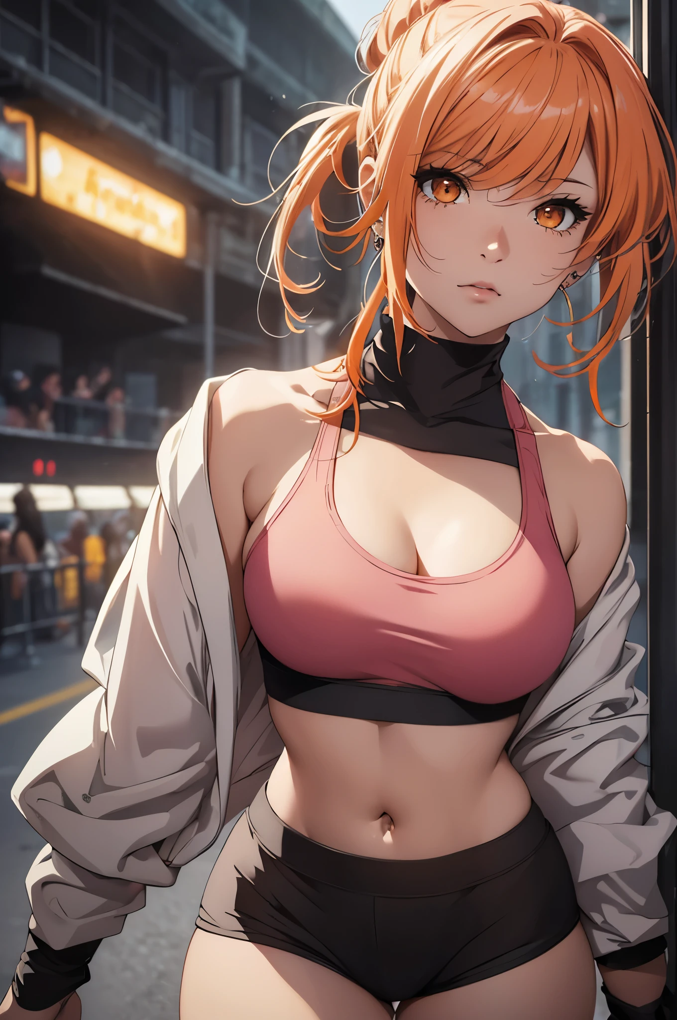 Beautiful detailed girl, looking behind, clear and beautiful, Personage as the main perspective, shiny_skin, girl,woman,female, young,25 years old, (medium hair), bangs, (Top knot:1.3), sidelocks, orange hair, (beautiful detailed Glass hair), pink streaked hair,beautiful detailed cold face, cold expression, complex details beautiful and delicate eyes, fingernails, medium_breasts, , orange eyes, Authentic skin texture, gleaming skin,(Multiple piercings), necklace,(sports bra:1.3),(racing bloomers:1.3),bloom,(line art:1.2),realistic illustration,(unreal engine),(GoPro),(insanely detailed),perfect shading,(digital art),(ray tracing),(intricate detailed),creative refinement,(dark atmosphere)