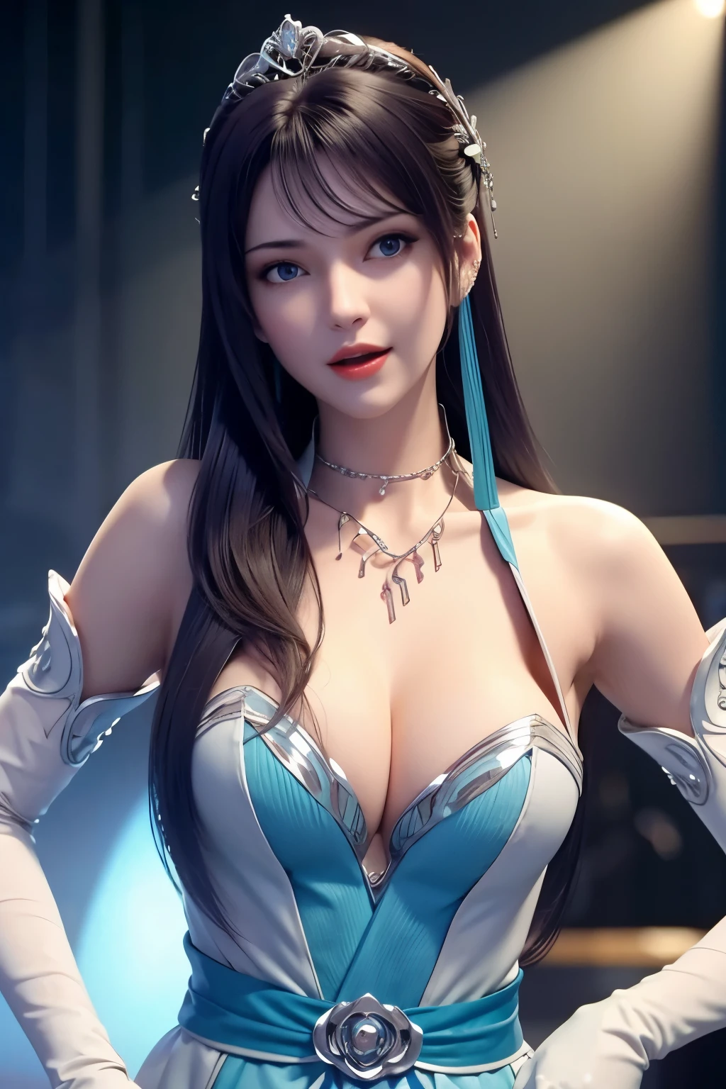 sagisawa fumika, 1girl, solo, watch, pendant watch, blue eyes, breasts, gloves, tiara, dress, long hair, cleavage, looking at viewer, white gloves, bare shoulders, open mouth, large breasts, strapless, choker, blush, white dress, black hair, brown hair, hair between eyes, strapless dress, collarbone, smile, bangs, on stage,