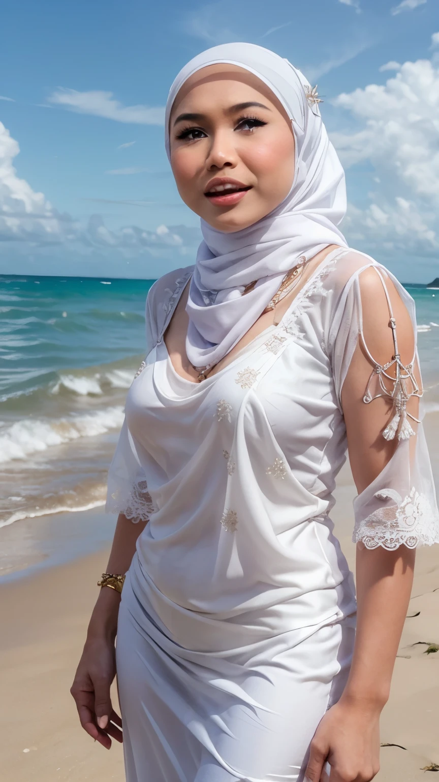 a malay girl, white skin, heavy big breast, ((baju kebaya)), standing at beach