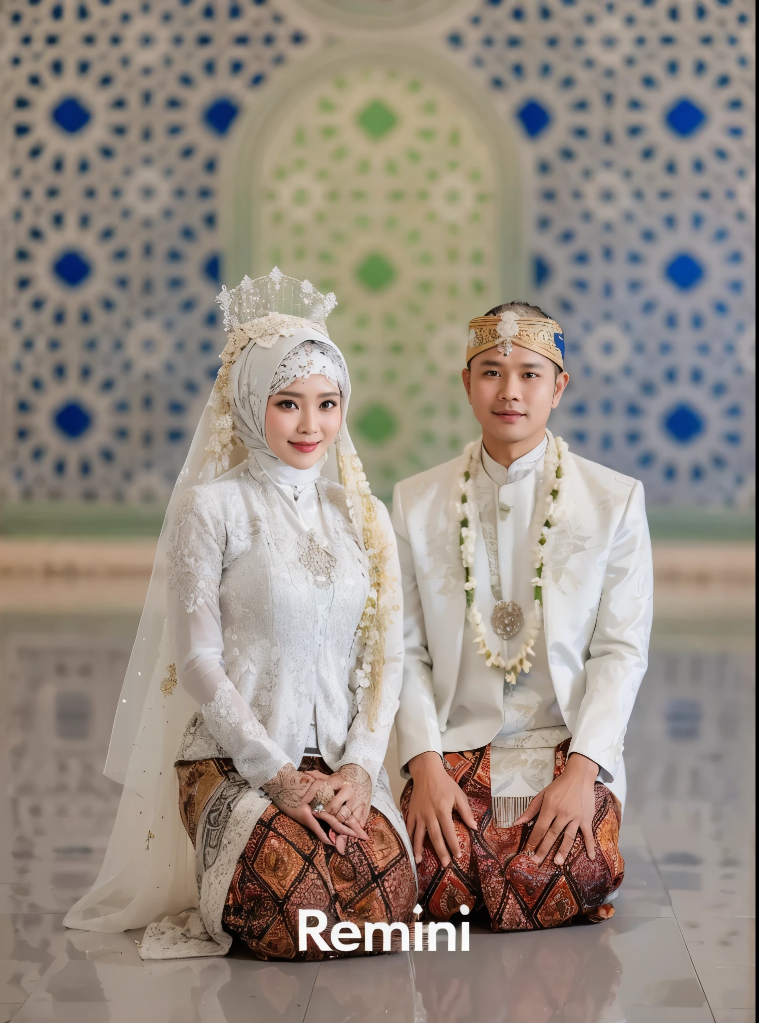 Photo of Indonesian bride and groom, 35 years old, wearing white dress and batik, very harmonious, detailed photo, sharp, ultra HD.