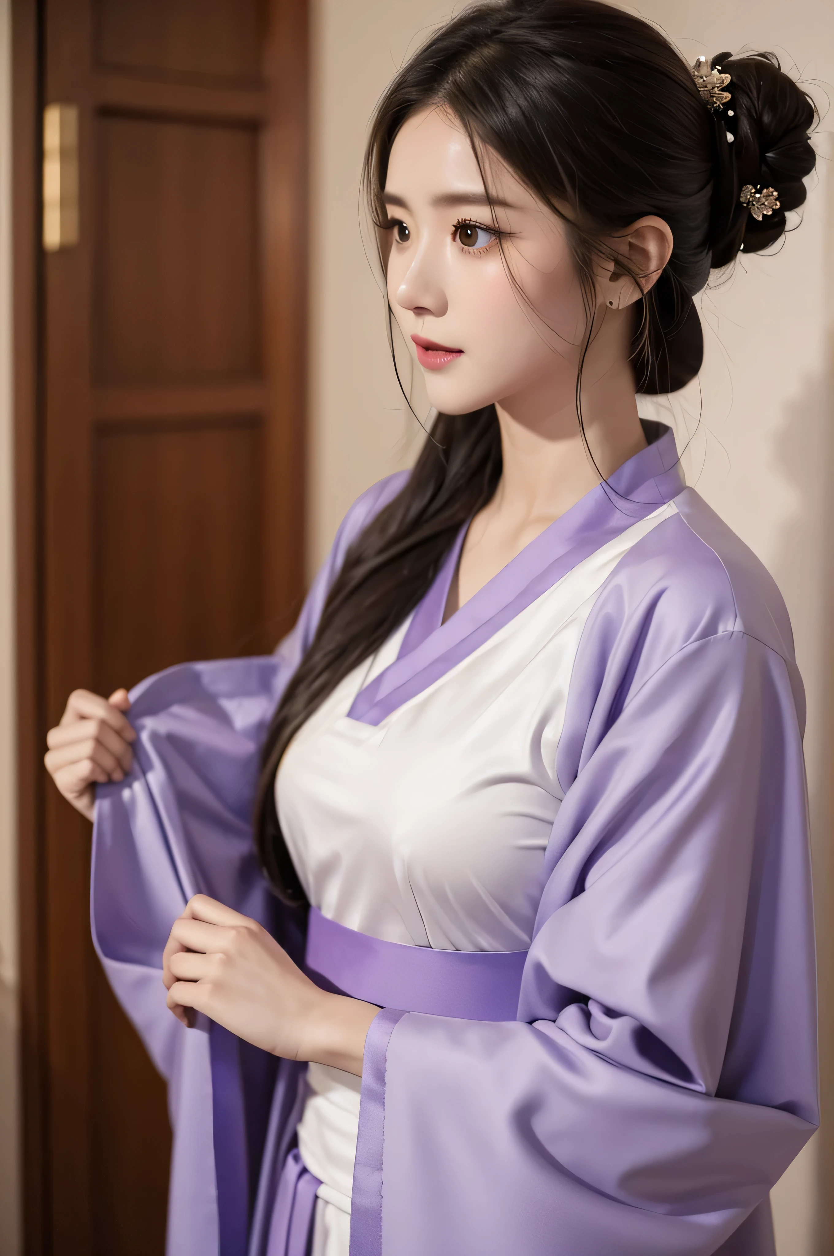 Fair, masterpiece, best quality, extremely detailed face,1 girl, alone，wrap your chest，Purple Hanfu