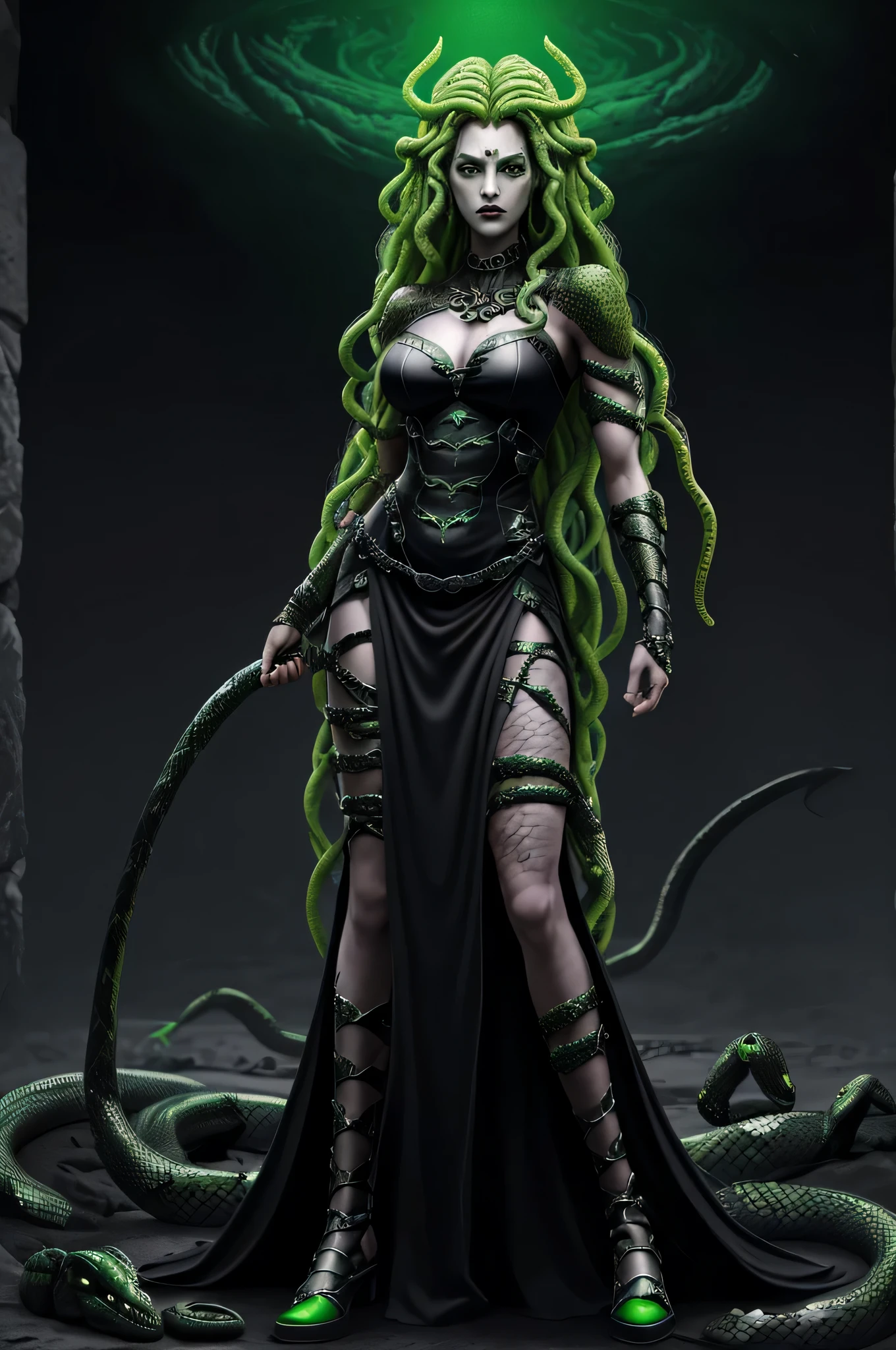 A full body image of a Medusa inspired character, Krieger, Mythologie, Weiblich, Gott, Wears a black dress, Equipped with weapons, Effekte im Hintergrund, dunkel, giftige Schlange, kreative Effekte, aus dem Untergrund, Schlangen, Green, Gift
