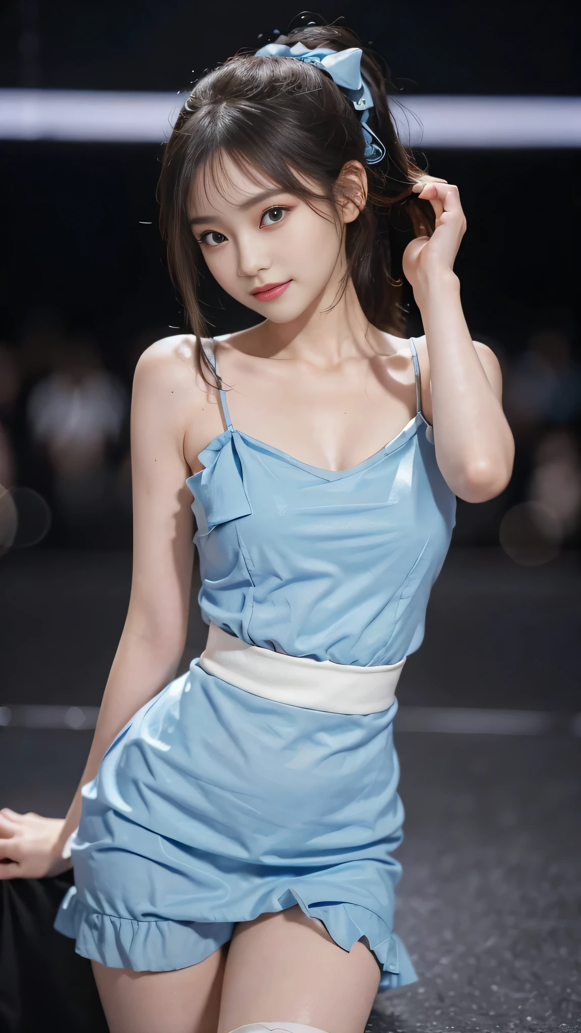 close up of face,standing on stage,Blue long dress with plenty of ruffles,a woman,table top, Best image quality, high quality, the background is clear,Beautiful woman, Japanese, detailed, detailed eyes, detailed skin, beautiful skin, 超highest resolution, (reality: 1.4),very beautiful woman, a younger face, beautiful skin, slim, (Ultra photo realism), (highest resolution), (8K), (매우 detailed) (beautiful and delicate eyes), (매우 detailed), (detailed face), View viewer, fine details, detailed face, Looking straight ahead, Looking straight ahead, 사진 reality적인, bright lights, professional lighting, black hair,ponytail,a baby face,fifteen years old,The hairstyle is a ponytail,긴 ponytail 헤어스타일,a little smile,Neat and neat clothes,Beautiful Japanese KPOP idol photo, 헤어스타일은 ponytail, My eyes got twice as big, baby face, Smile and look straight ahead, slim, ,blue ribbon in hair,close up of face,