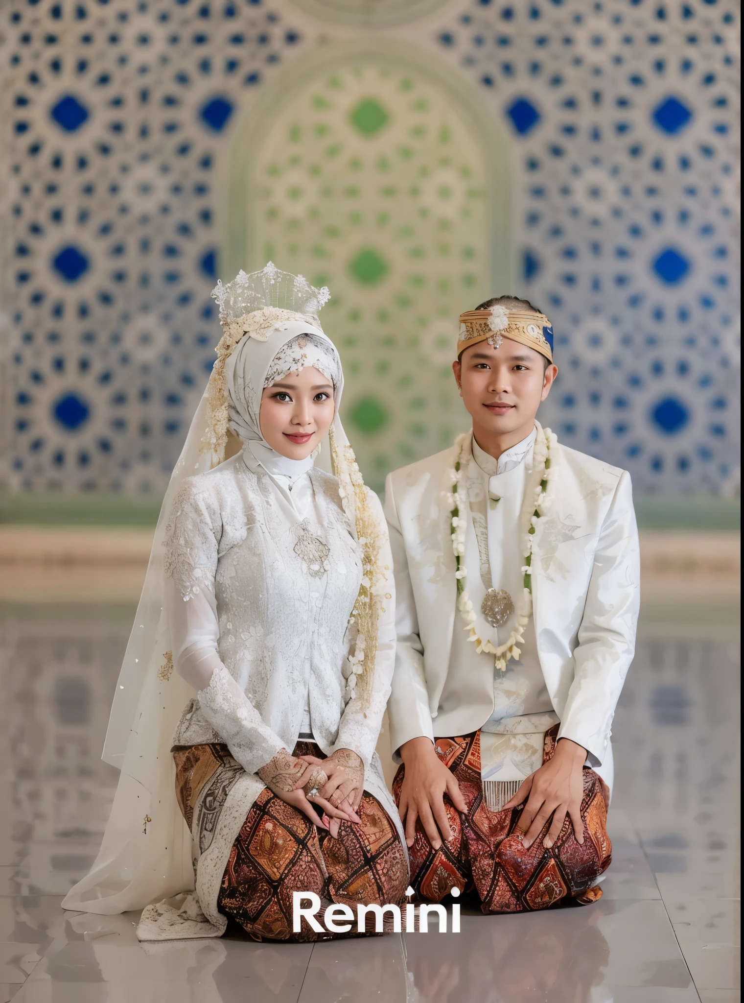 Photo of Indonesian bride and groom, 35 years old, wearing white dress and batik, very harmonious, detailed photo, sharp, ultra HD.