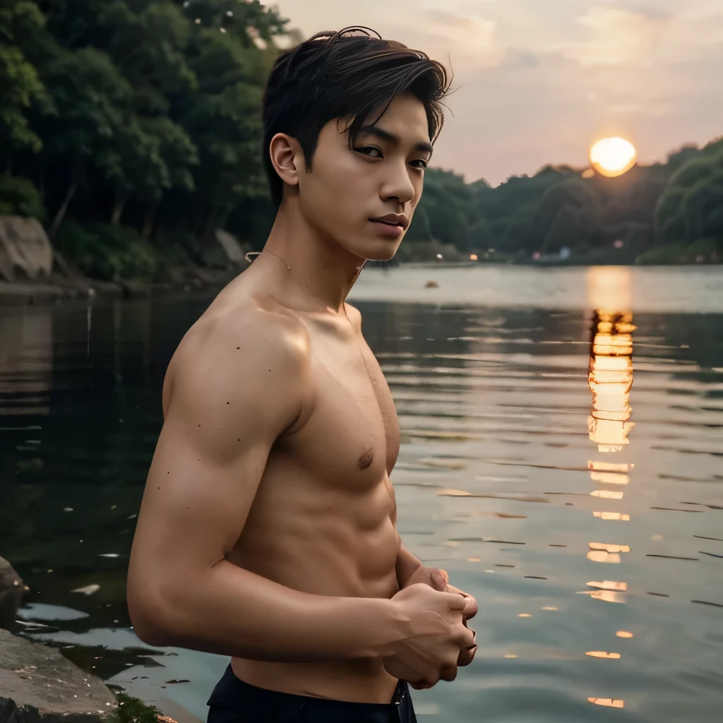 1boy,asian young man,3 days beard,skinny,twink,normal body, sunset , nature, water ,,intense gaze ,cover shot, instagram model,perfect hands , fullbody , profile
