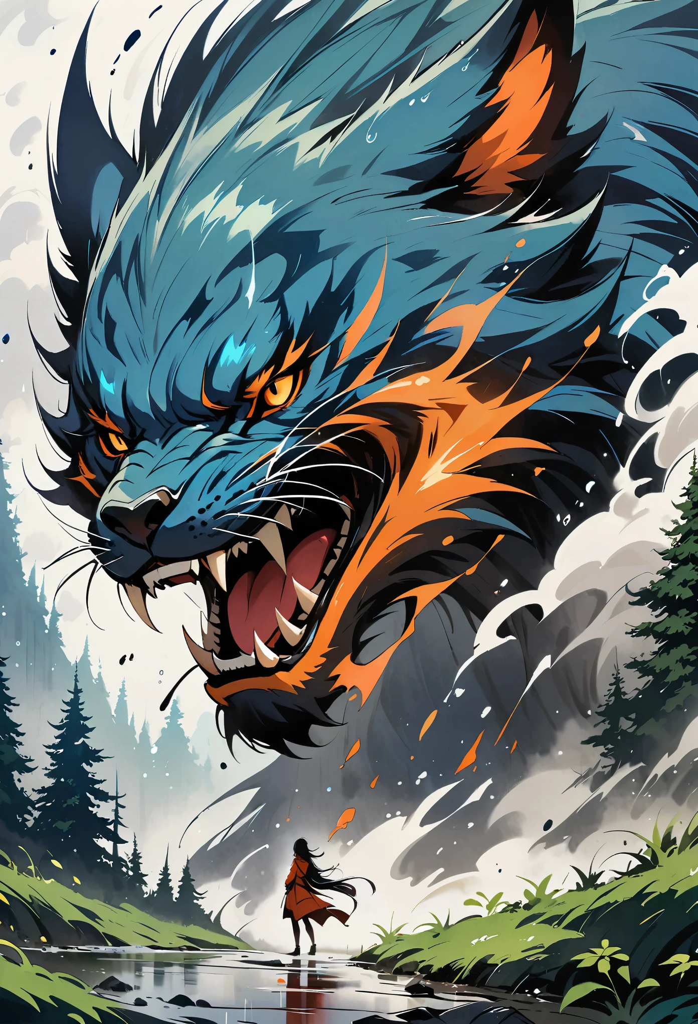 Beautiful girl and ferocious beast，forest，rain