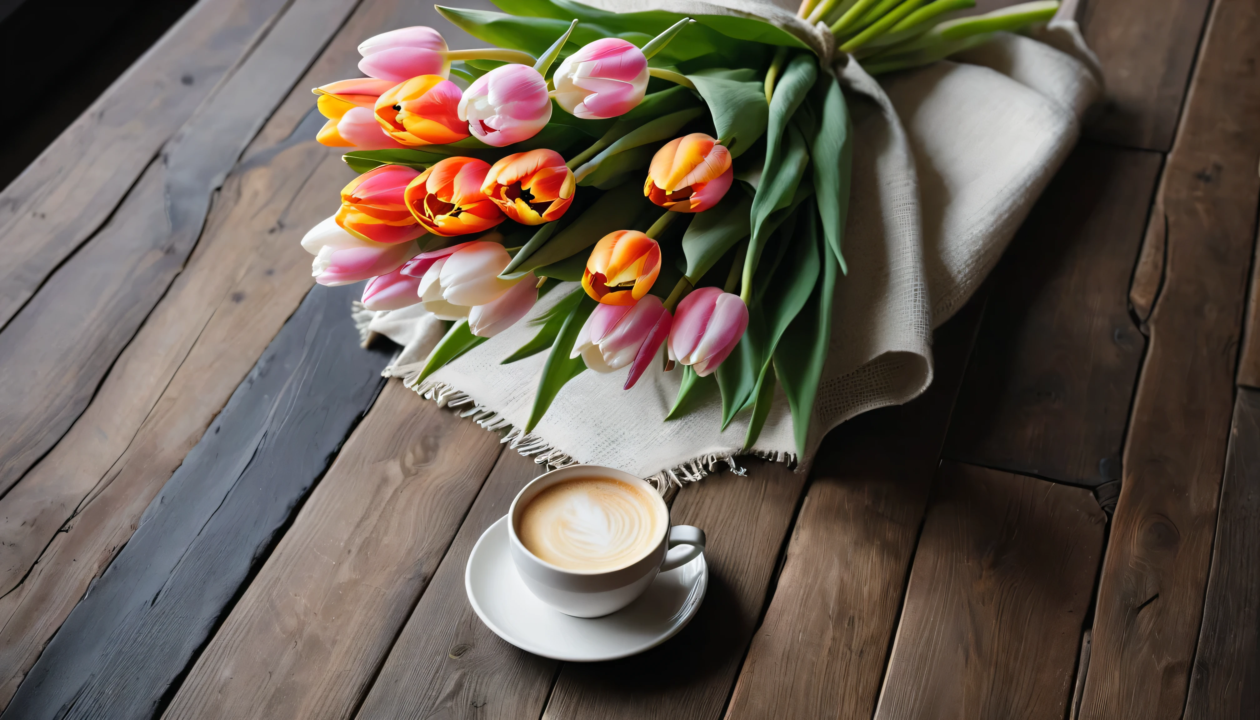 A bouquet oF pink-orange and pink-white tulips is neatly laid out on a wooden table.a cup oF latte.There is slight smoke in the black frosted ceramic cup.Sophisticated and elegant..超级detailed.detailed,tonal texture.Obvious contrast oF light and shadow.High-end and quality.halF-length view , 50mm , F/1.8 , Shutter speed 1/60 , ISO 50 ,Color temperature 4000k， masterpiece.First-person view.no humans.super wide angle, Fresh and bright light and shadow.Excellent composition.leave blank.Tulips out oF Frame.outer boundary, anatomically correct, best quality, masterpiece.From above