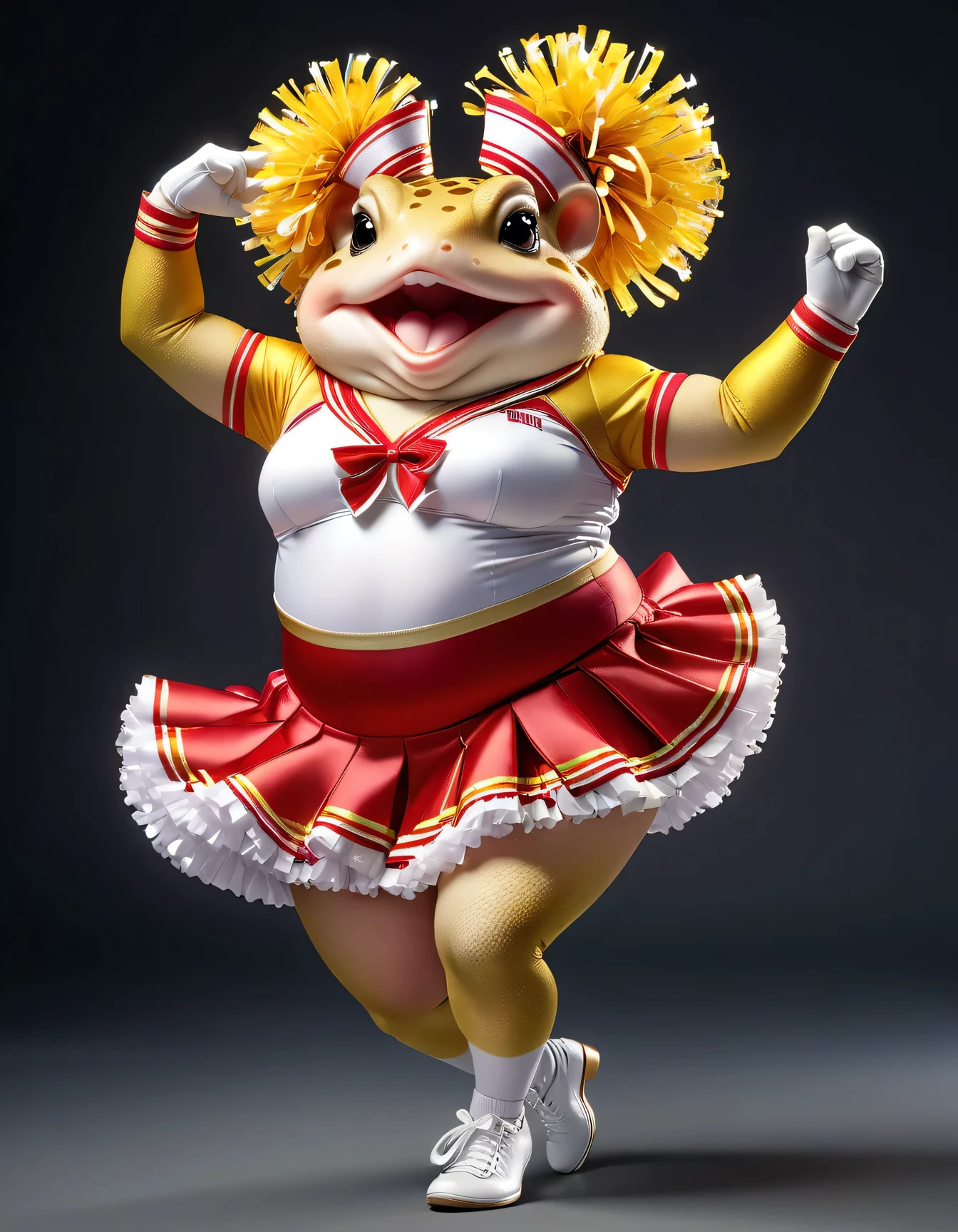 photorealistic portrait of Dressed animals - a ((fat)) toad cheerleader,(cheer dancing:2.0),(dynamic action pose:2.0), high quality,(lovely) ,intricate details, highly detailed ((cheer costume)) ,highly detailed cheer clothes, holding pom-pom ,(passion) , highly detailed hair ribbon, (happy), studio lighting,(full body image:1.5)