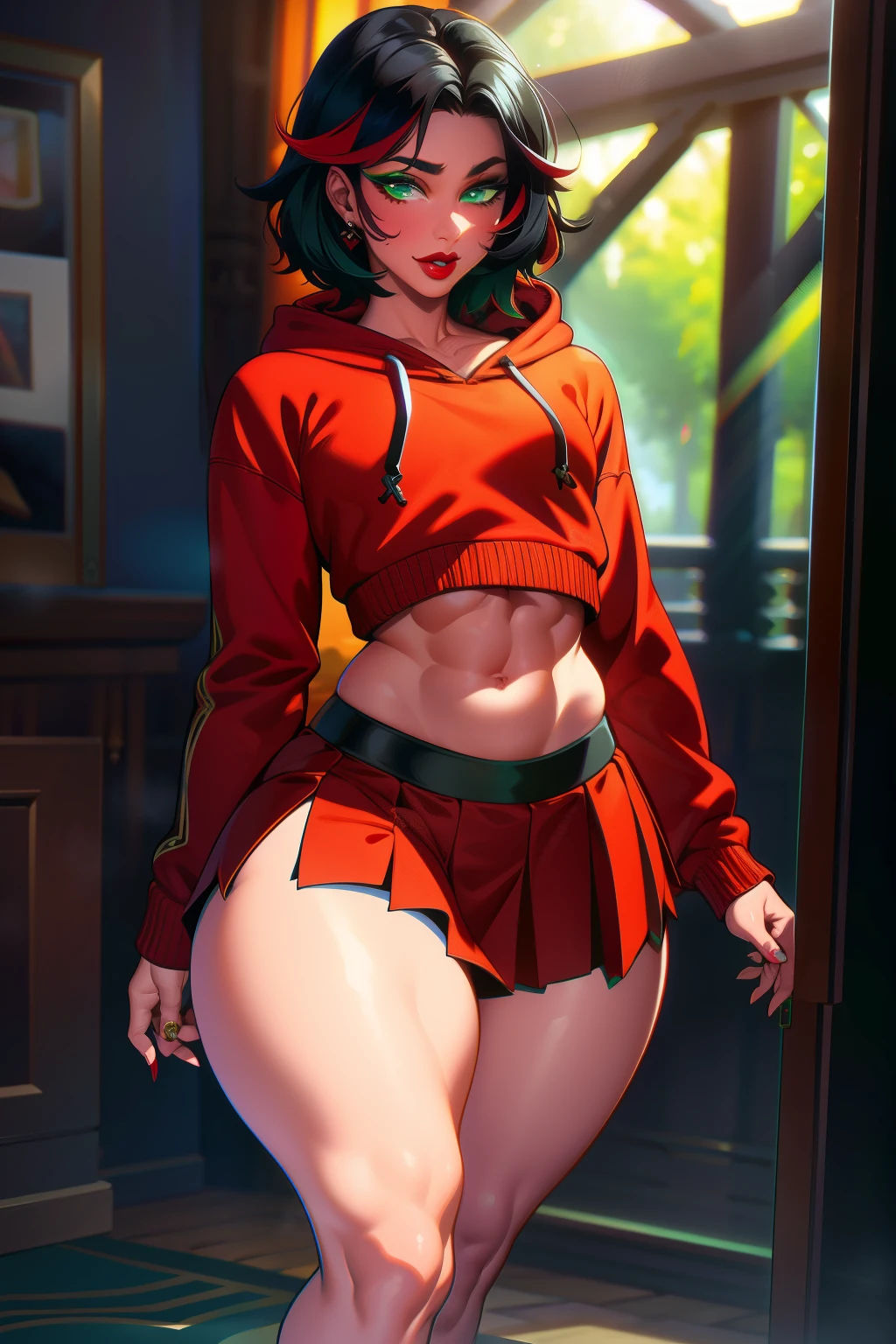 (extremely detailed CG unity 4k wallpaper),(masterpiece),(best quality),(ultra-detailed),(best illustration),(best shadow),(absurdres),(detailed background), CFemboy, shoulder length black hair with red highlights, flat chest, mad, green eyes, sexy pose, thick thighs, big ass, Hoodie, pleated skirt, high heels, jewelry, red lipstick, Black eyeliner, Slim, 