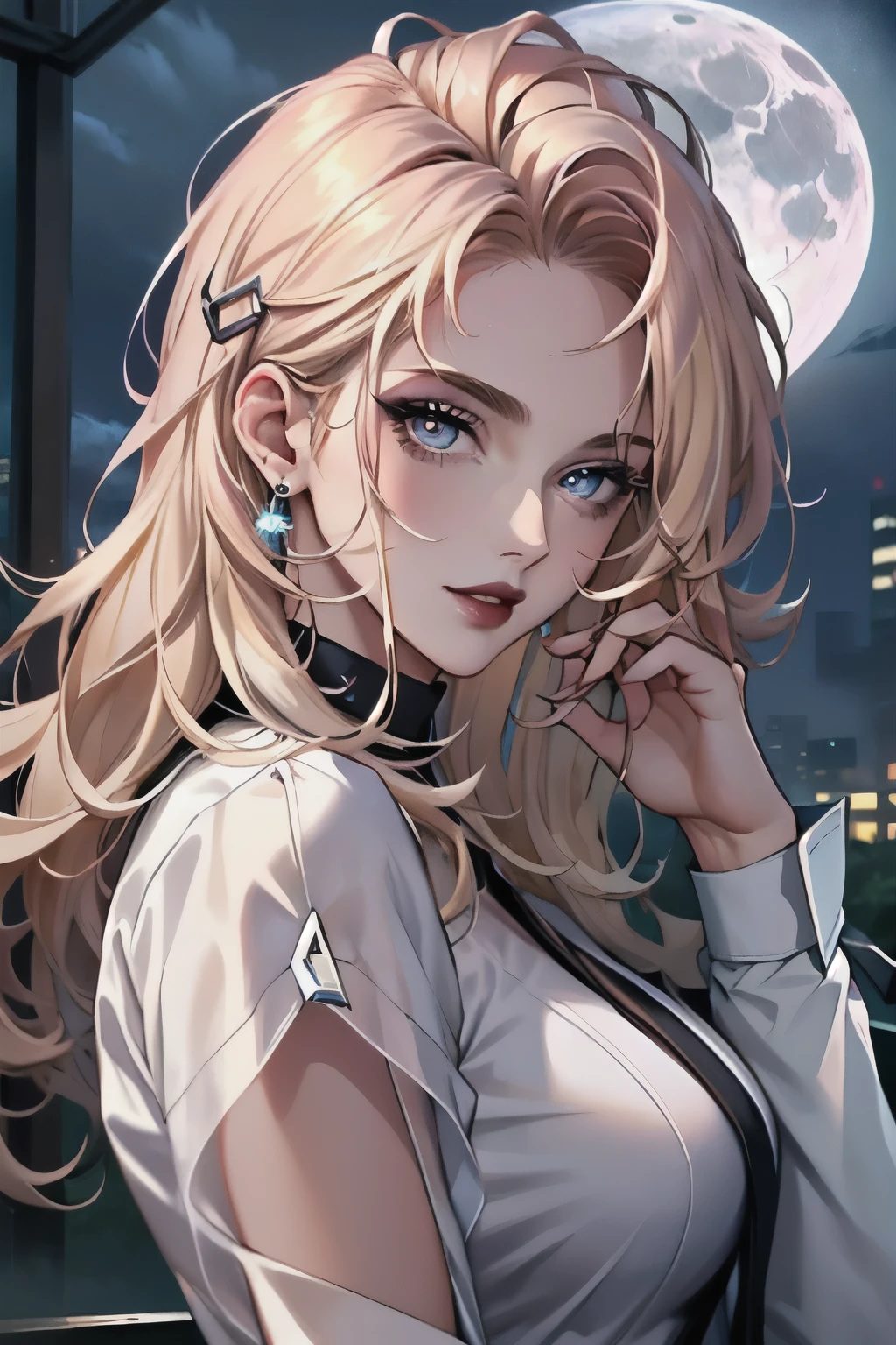 masterpiece, Best quality, night, full moon, 1 girl, mature woman, blonde hair, long and wavy hair, Light pink lips, tranquility, Intellectual, medium hair, blue pupils, hairpin, Beautiful face, face close up, Hand close-up, business suit, White shirt, black dress pants 