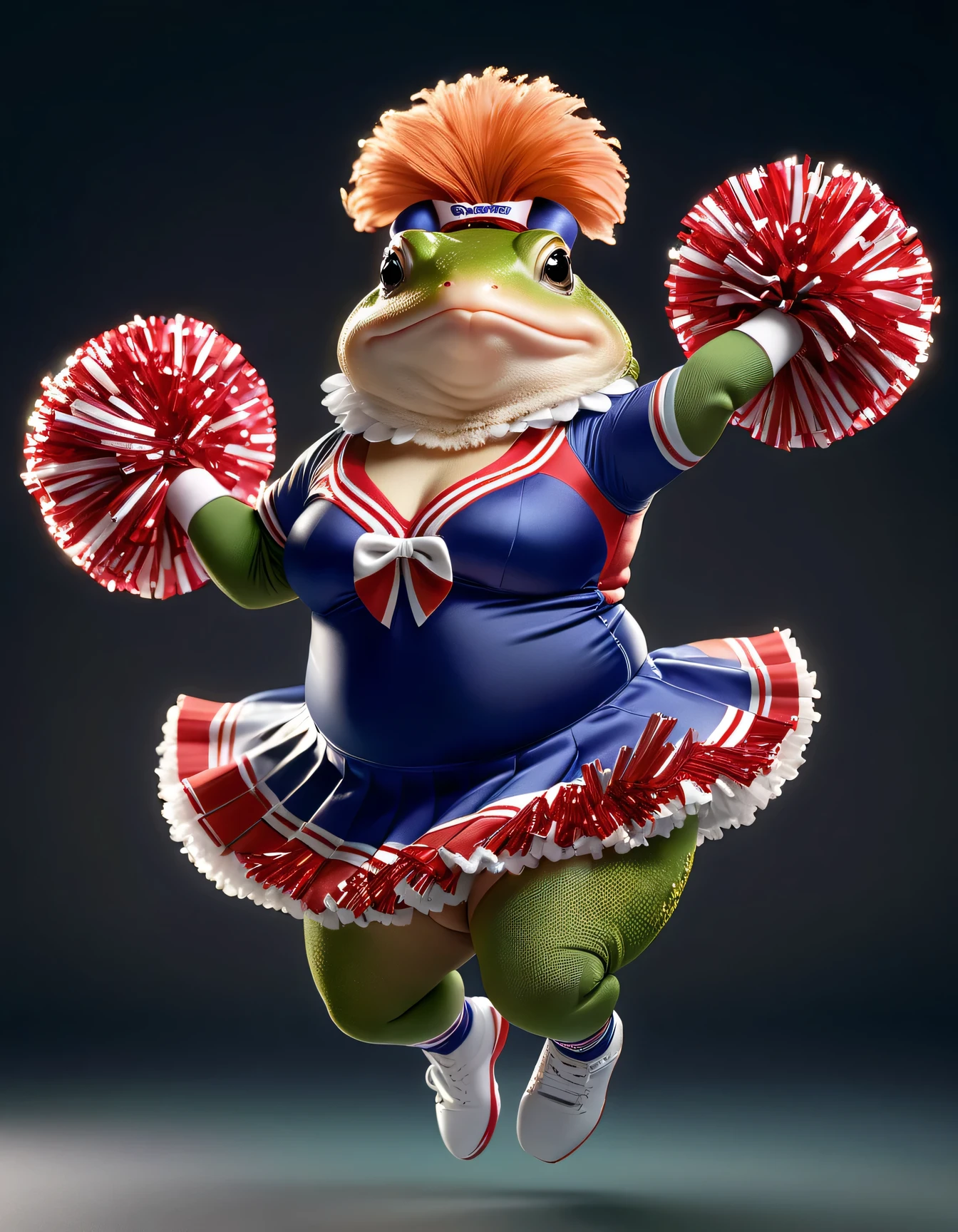 photorealistic portrait of Dressed animals - a ((fat)) toad cheerleader,(cheer dancing:2.0),(jumping:2.0), high quality,(lovely) ,intricate details, highly detailed ((cheer costume)) ,highly detailed cheer clothes, holding pom-pom ,(passion) , highly detailed hair ribbon, (happy), studio lighting,(full body image:1.5)
