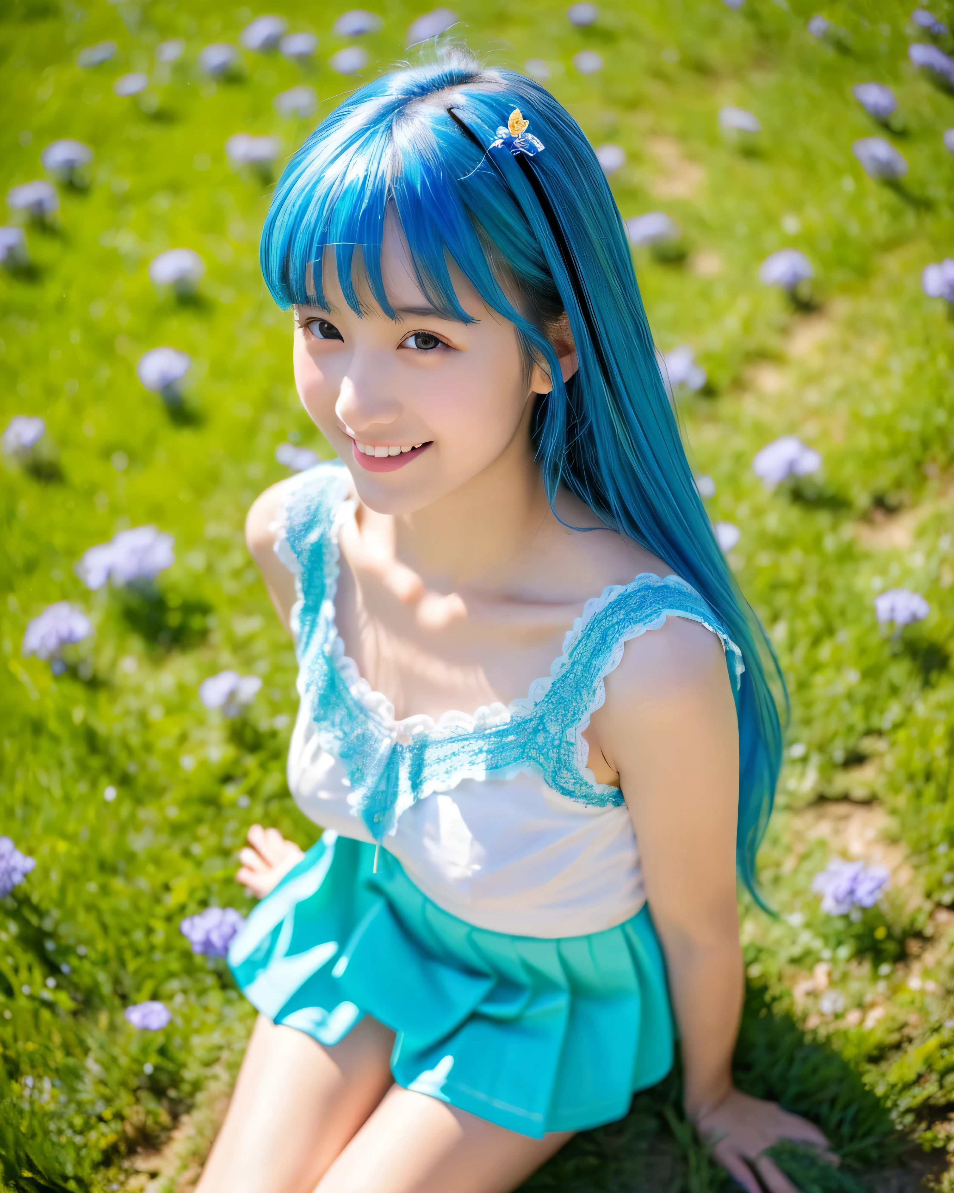 (highest quality, 32k, High resolution, masterpiece:1.5, ), A happy landscape that gives you a sense of warmth, Fantastic and quiet beauty, beautiful japanese girl, 14 years old, magical beautiful eyes, High resolutionの潤んだ丸い瞳, obviously double, gentle smile, (See-through luxury camisole), Detailed and perfect clavicle, High resolutionの美しい胸元, High resolutionの美しい太もも, (Low - Angle), Absolute area, beautiful feet, (blue pleated mini skirt), sitting, spread your legs, dynamic angle, ((shiny blue hair, beautiful long hair)), beautiful grassland, top of the hill, colorful small flowers, Early summer sunshine, beautiful detailed sky, professional photographer, professional lighting, professional model