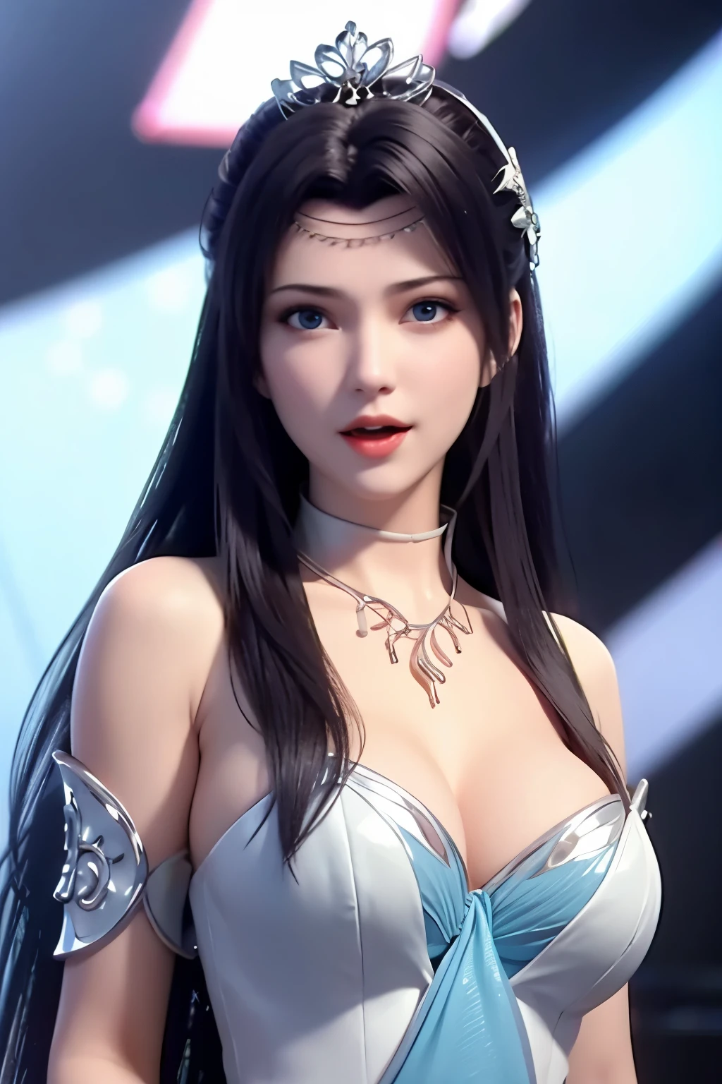 sagisawa fumika, 1girl, solo, watch, pendant watch, blue eyes, breasts, gloves, tiara, dress, long hair, cleavage, looking at viewer, white gloves, bare shoulders, open mouth, large breasts, strapless, choker, blush, white dress, black hair, brown hair, hair between eyes, strapless dress, collarbone, smile, bangs, on stage,