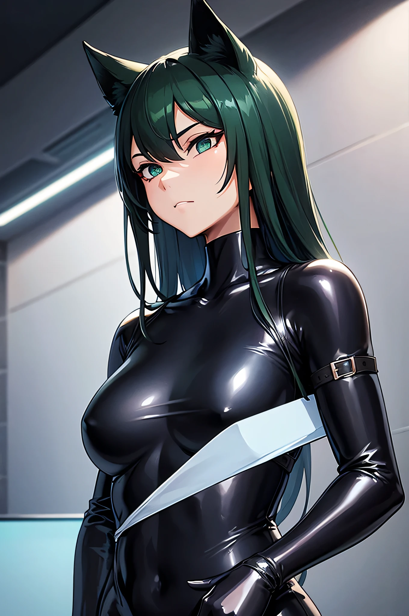 beautiful, (masterpiece), 最high quality, (extremely get used to it face), extremely get used to it eyes, perfect lighting, overall details, get used to it, deep skin, slicked back hair, long hair, green hair, type of eyes, slicked back hair, elbow bag, alone, looking at the viewer, one hand, verbal invitation, lifting shirt, saliva, saliva trail, latex suit, spy lady, wearing tight latex suits, high quality, Super high quality, Highly detailed CG Unity 8K wallpaper, High resolution, close your face, bondage suit, shiny bondage, cool girl, dog girl, cat girl