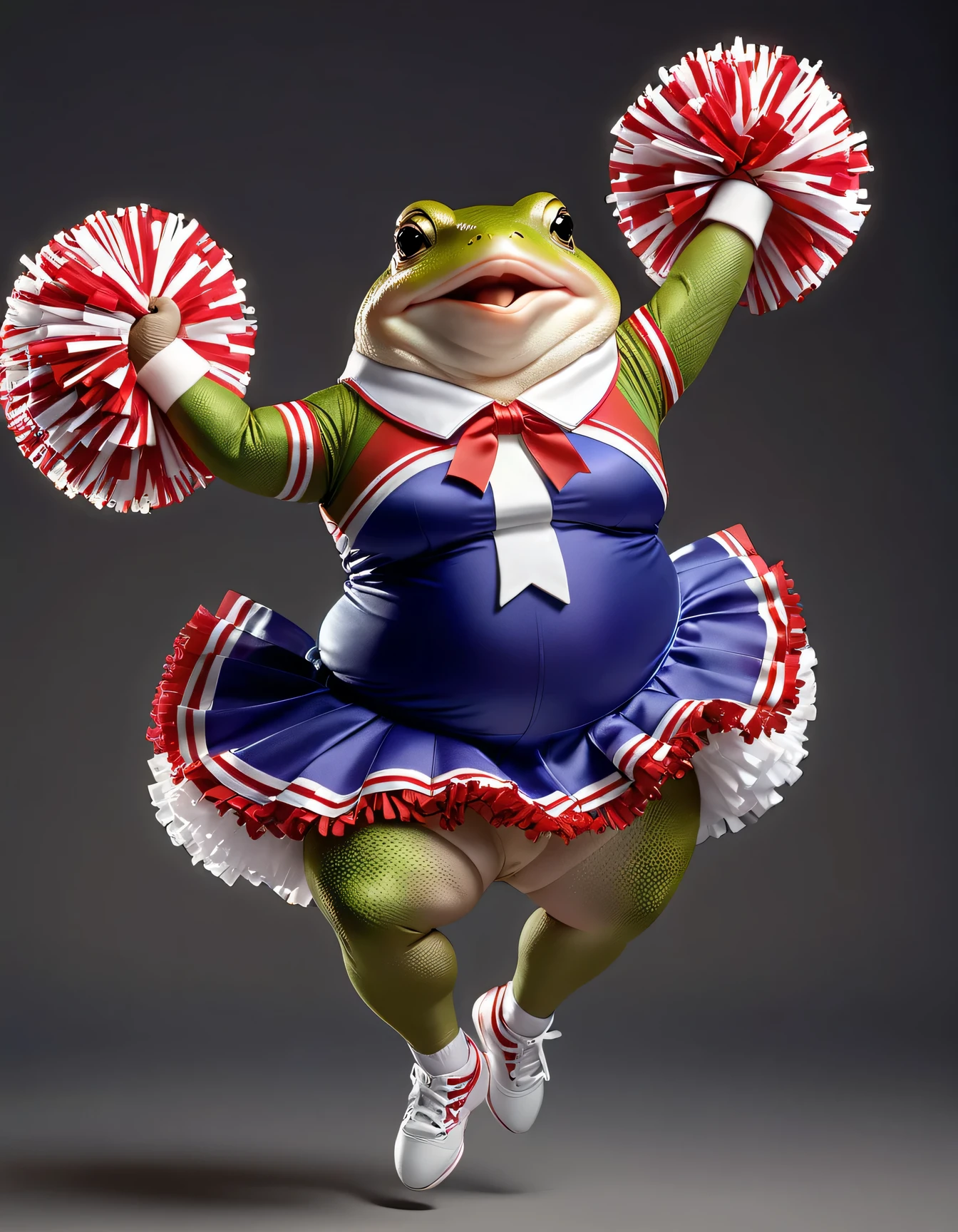 photorealistic portrait of Dressed animals - a ((fat)) toad cheerleader,(cheer dancing:2.0),(jumping:2.0), high quality,(lovely) ,intricate details, highly detailed ((cheer costume)) ,highly detailed cheer clothes, holding pom-pom ,(passion) , highly detailed hair ribbon, (happy), studio lighting,(full body image:1.5)