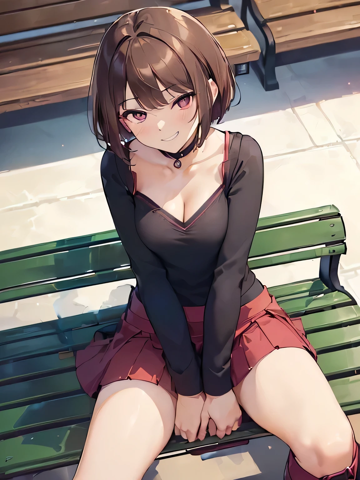 (masterpiece、highest quality、High resolution、realistic pictures、real looking skin:1.1)、
(A woman is sitting on a bench in a shopping mall:1.8)、
(The skirt is so short that her panties are visible:1.8)、
(The photo is taken from a slightly elevated angle in front of her, so her panties are visible.:1.8)、
(She has a provocative and grinning expression:1.8)、
(I'm wearing a dark blue long-sleeved V-neck knit:1.8)、
(I'm wearing a wine red flared miniskirt:1.8)、
(I am wearing black middle boots.:1.8)、
(The panties are purple and have a pattern on them.:1.5)、
(brown short hair:1.5)、
(The place is a bench in a shopping mall.:1.5)、
1 Japanese girl、solo、full body esbian、beautiful eyes、shining eyes、Shining thighs、NSFW