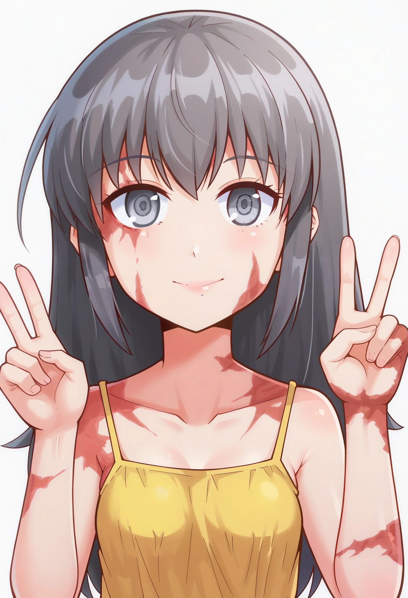 source_anime, score_9, score_8_up, score_7_up, score_6_up, a young girl, a single peace sign, the other hand is down, from above shot, burn scars, scars, black hair and gray eyes, long hair, wearing only a brown sundress, ragged clothes, bare feet, ✌️, head tilt, innexpressive, :<, , upper body, white background, simple background