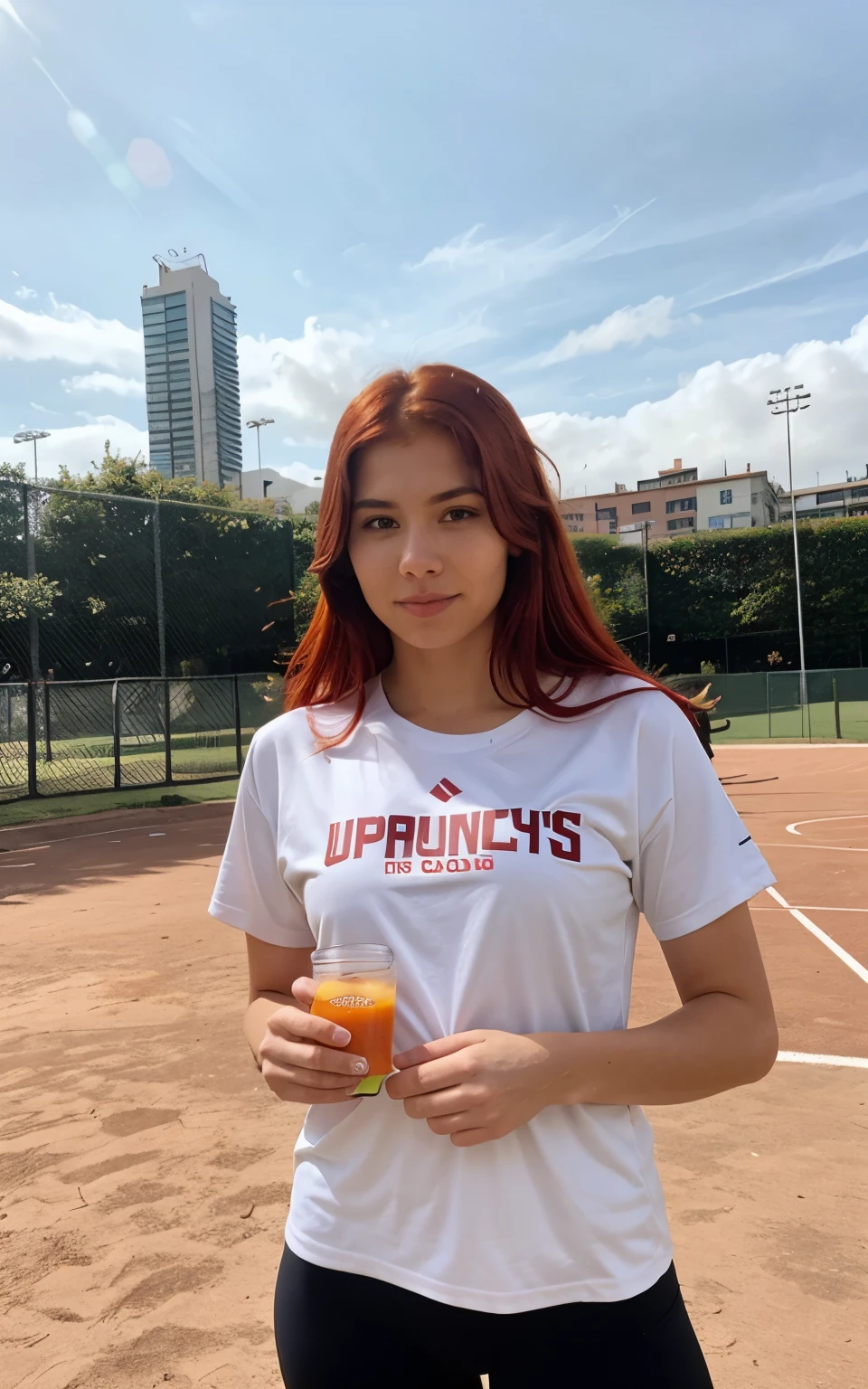 woman with red hair, wearing a sports shirt, upper body, holding a pack of vitamins, standing in full-face, ultra-realistic, young, athletic, nationality Peru, gym in the background