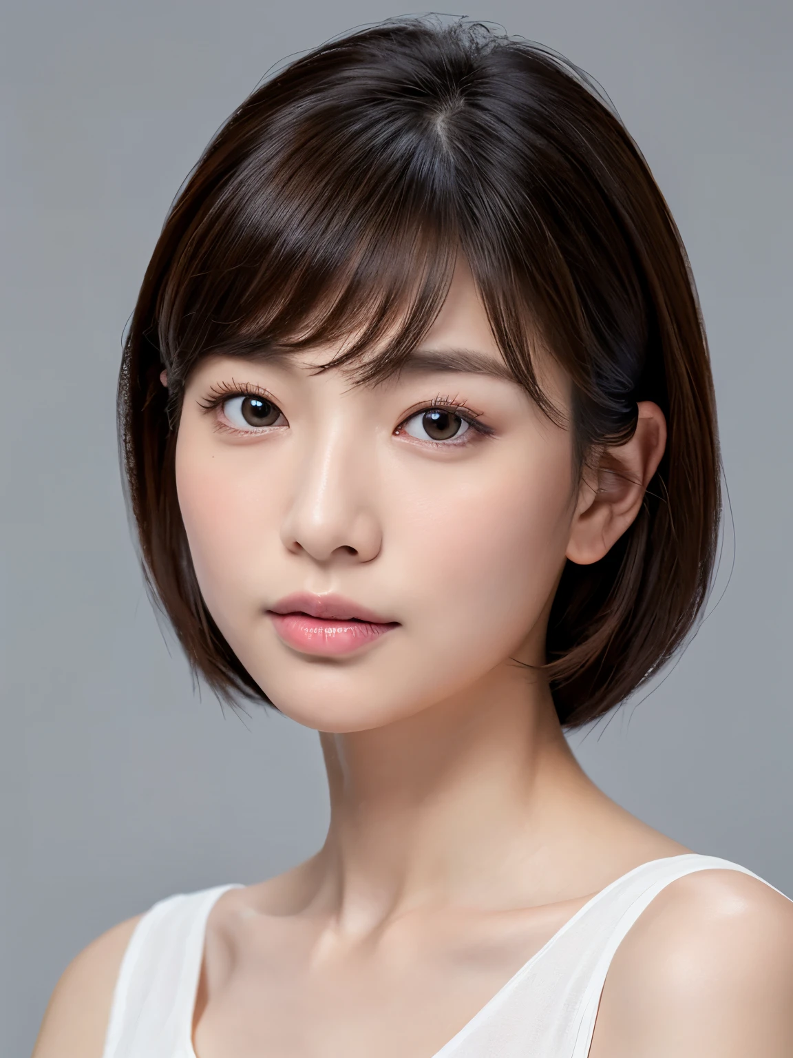 (8K、Live shooting、highest quality、master piece:1.2)、Super detailed、super resolution、(real、real写真:1.37)、Portrait、High-definition RAW color photo、professional photography、very detailedで美しい、very detailed、8K画壁紙、amazing details、huge file size、official art、very detailedなCG Unity 8Kの壁紙 very detailedな女性、madam、40 year old woman with a handsome face, very narrow eyes、very detailedな肌、very detailedな指、very detailedな鼻、very detailedな詳細な口、perfect anatomy、detailed background、Detailed service、white skin、glowing skin、semi-long、real-looking face、delicate eyes、Drooping eyes、Looking at the camera、cowboy shot、Front facing、standing posture、dynamic lighting、close up of face、show your skin、No accessories、put your hand on your cheek、touching his cheek、plain background