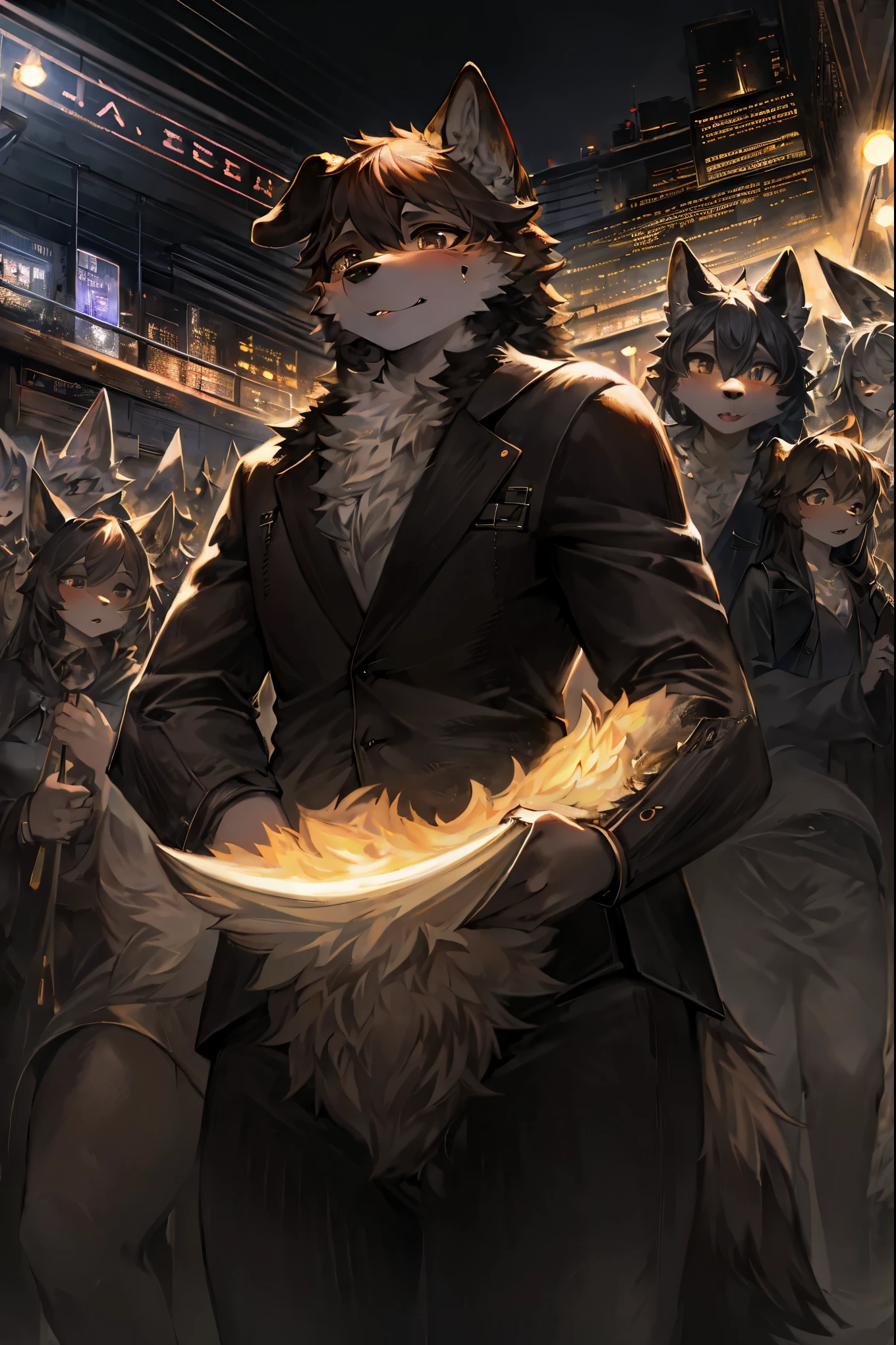 cover page, highres, top quality, best quality, paid reward available, unparalleled masterpiece, perfect artwork, absurdres, High-quality illustrations, super high resolution, detailed background, Crowded cityscape, Crowd, perfect anatomy(6+girls, 6+boys)(kemono)(furry)(Furry body, dog facial features, dog body features)(very detailed body fur)low angle full shot, shot from behind,