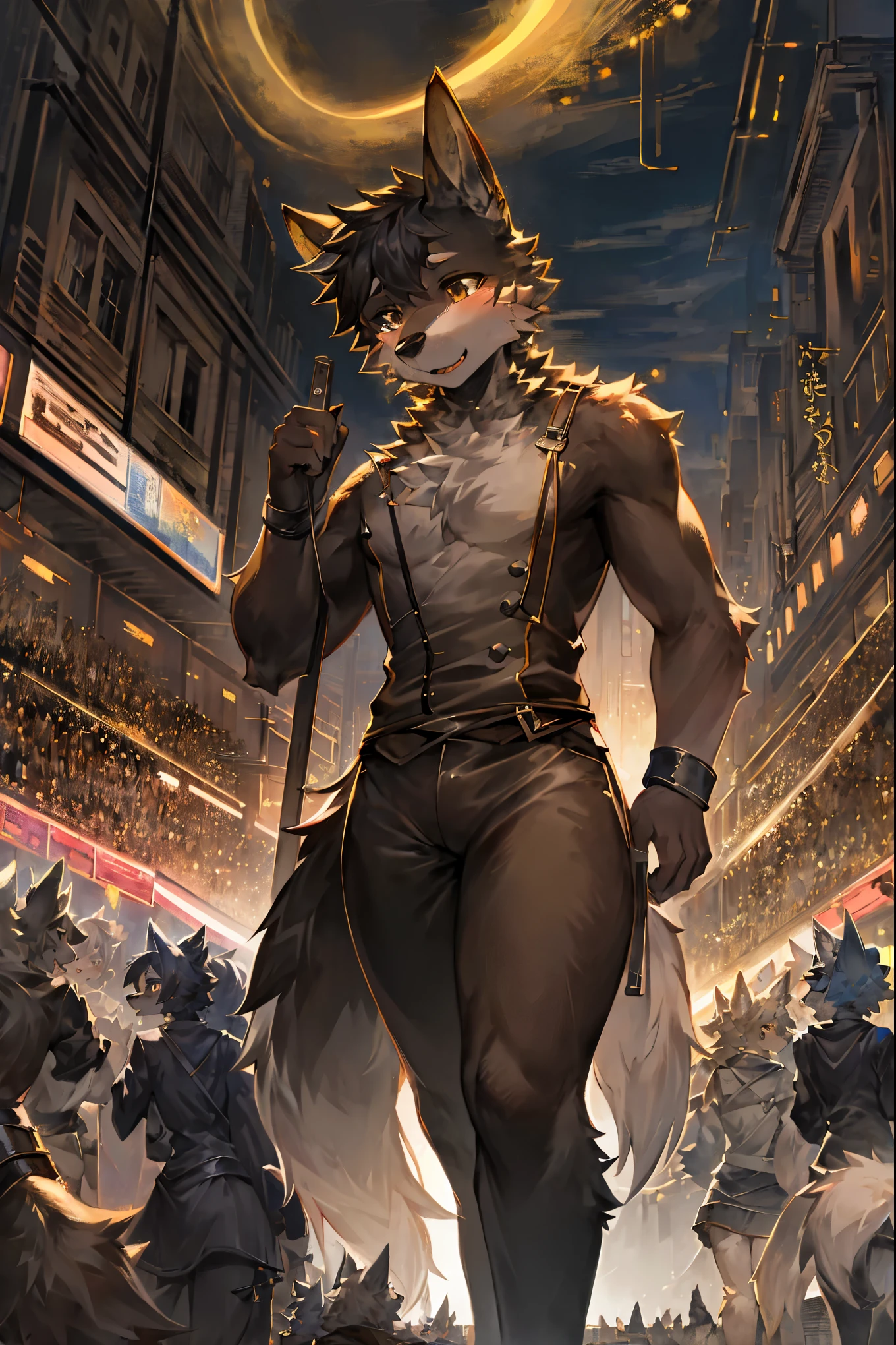 cover page, highres, top quality, best quality, paid reward available, unparalleled masterpiece, perfect artwork, absurdres, High-quality illustrations, super high resolution, detailed background, Crowded cityscape, Crowd, perfect anatomy(6+girls, 6+boys)(kemono)(furry)(Furry body, dog facial features, dog body features)(very detailed body fur)low angle full shot, shot from behind,