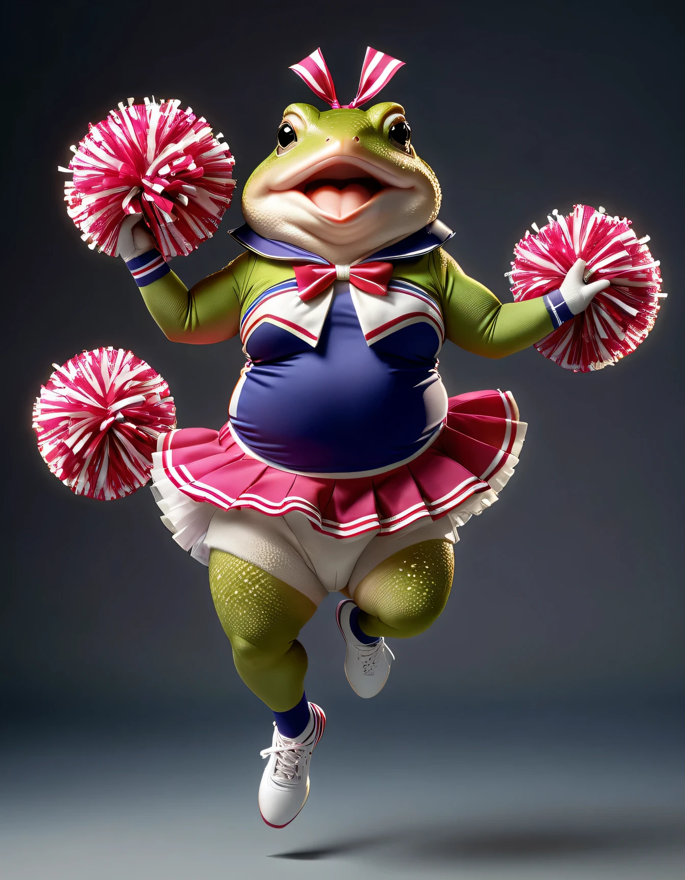 photorealistic portrait of Dressed animals - a ((fat)) toad cheerleader,(cheer dancing:2.0),(jumping:2.0), high quality,(lovely) ,intricate details, highly detailed ((cheer costume)) ,highly detailed cheer clothes, holding pom-pom ,(passion) , highly detailed hair ribbon, (happy), studio lighting,(full body image:1.5)