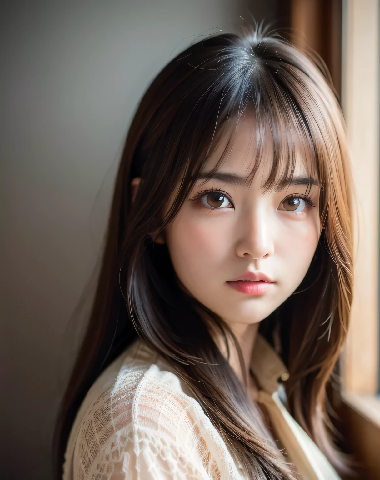 highest quality, face focus, soft light, ultra high resolution, (realistic:1.4), Raw photo,
1 Japanese girl, alone, cute, (pupil, There's a light in my eyes), detailed beautiful face, (),(High resolution details of human skin texture),
(long hair),
indoor,
damask shirt dress,
(portrait)