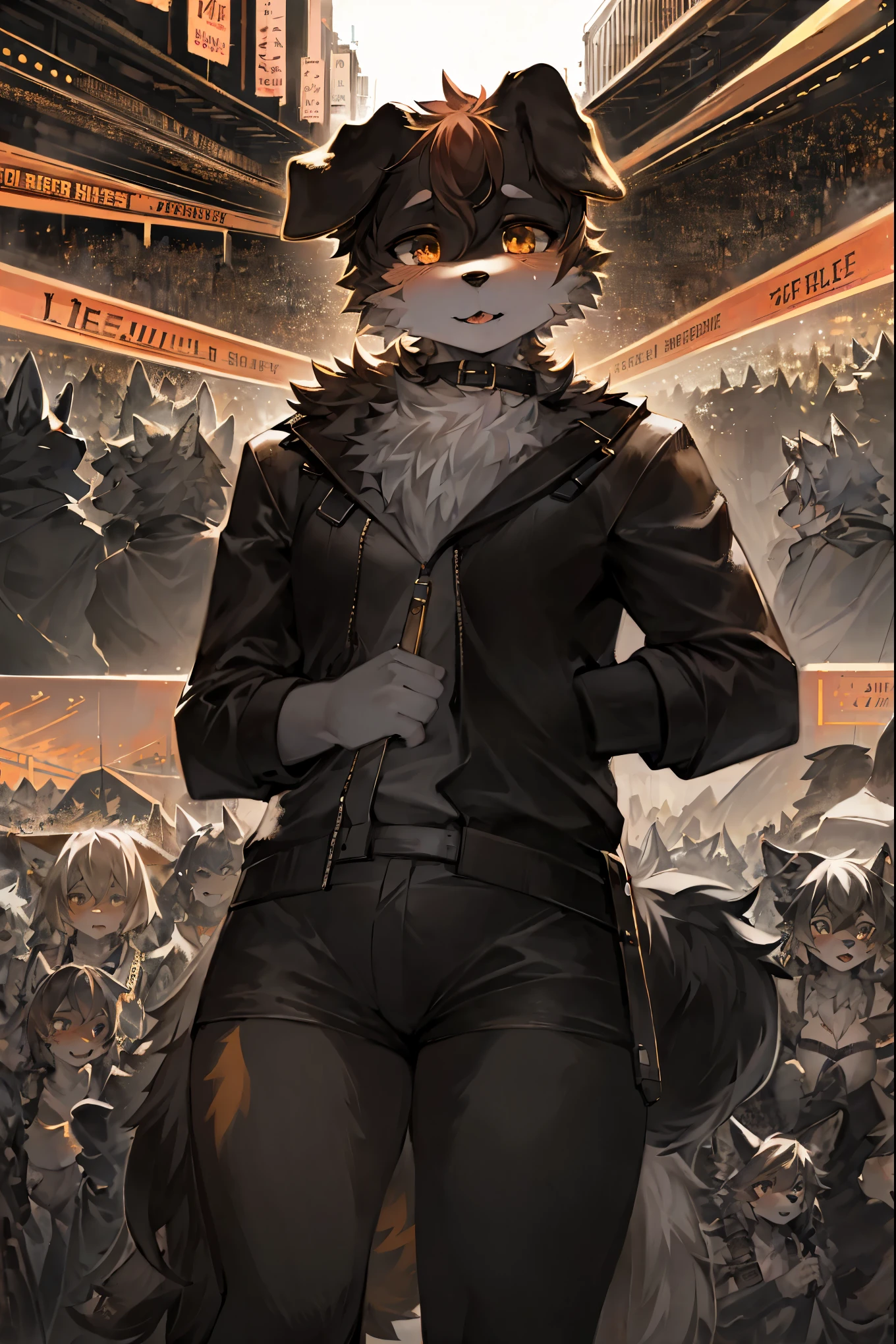 cover page, highres, top quality, best quality, paid reward available, unparalleled masterpiece, perfect artwork, absurdres, High-quality illustrations, super high resolution, detailed background, Crowded cityscape, Crowd, perfect anatomy(6+girls, 6+boys)(kemono)(furry)(Furry body, dog facial features, dog body features)(very detailed body fur)low angle full shot, shot from behind,