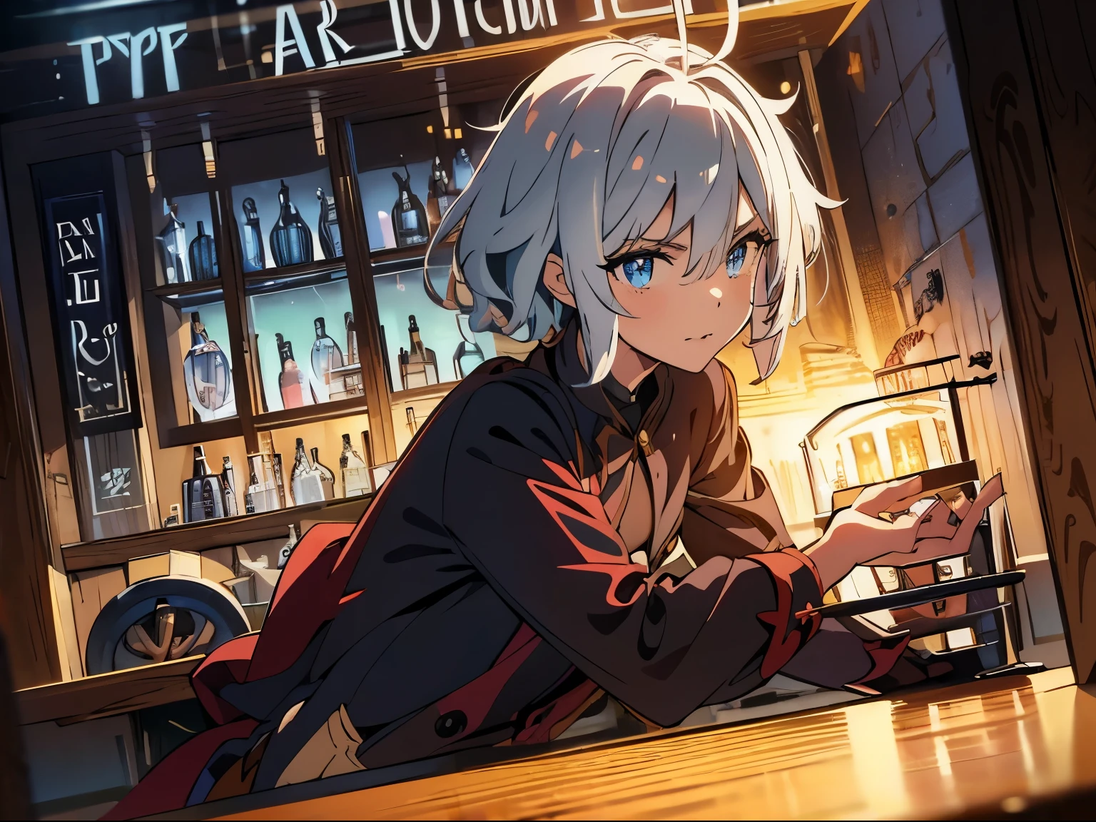 anime styling, young pale white-haired man, fleshy lips, gray eyes, Neck tatoo, piercings na boca, wearing a loose jacket, image up to the chest, sitting at a bar table drinking a glass of beer, background scenery a bar with lots of colorful lights 