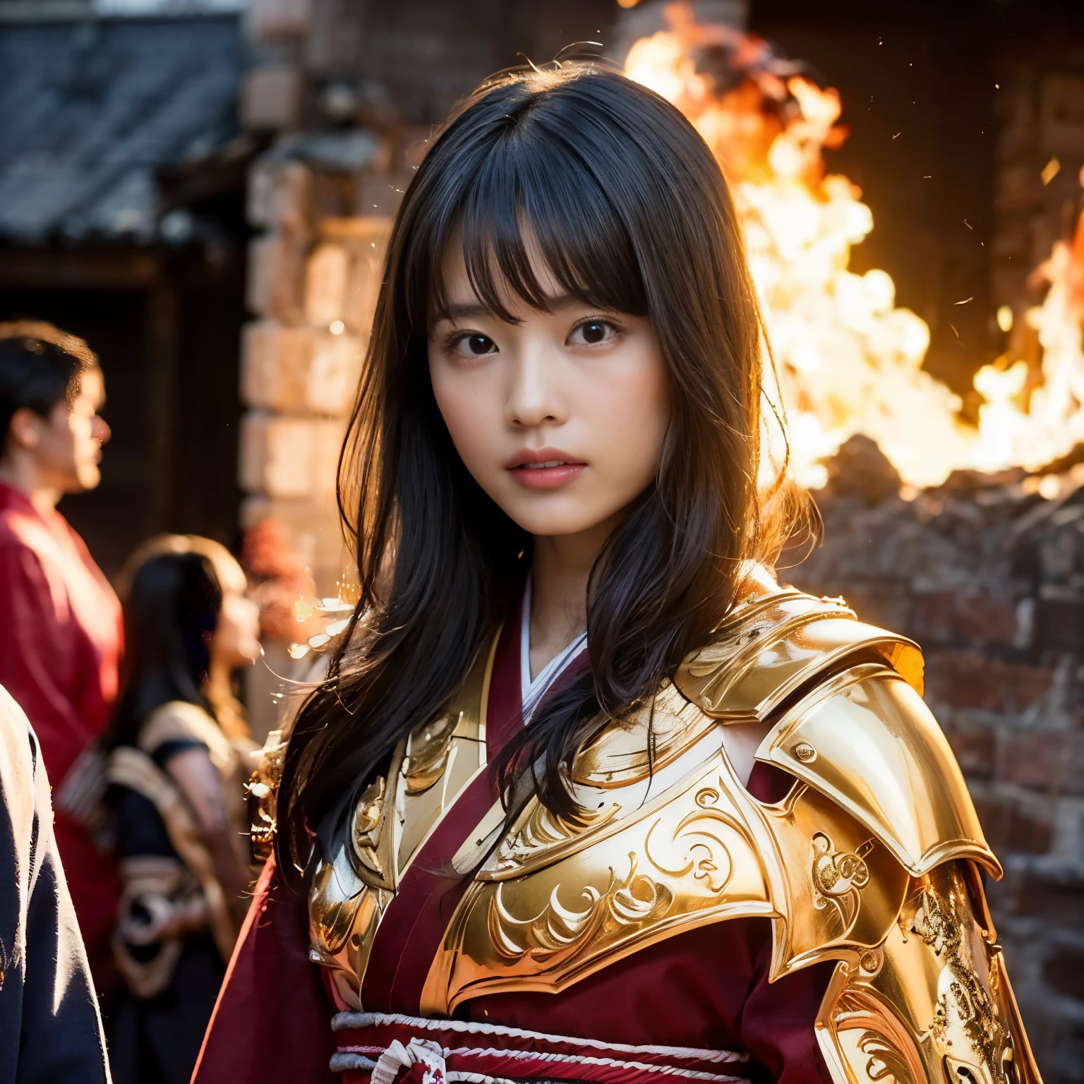 (((Realistic, masterpiece, best quality, crisp detail, high definition, high detail, sharp focus, perfect studio lightning))), 20 years old assassin, kasumi arimura, wearing (((fully decorated golden armor, armored kimono))), dirty, sweating, blood scattered, bloodbath, carnage, fire everywhere, smoke everywhere, blood everywhere, death everywhere, japan bakumatsu period, (((dead bodies,carcass, ,fire,smoke,ruined castle,hell) traditional village background)