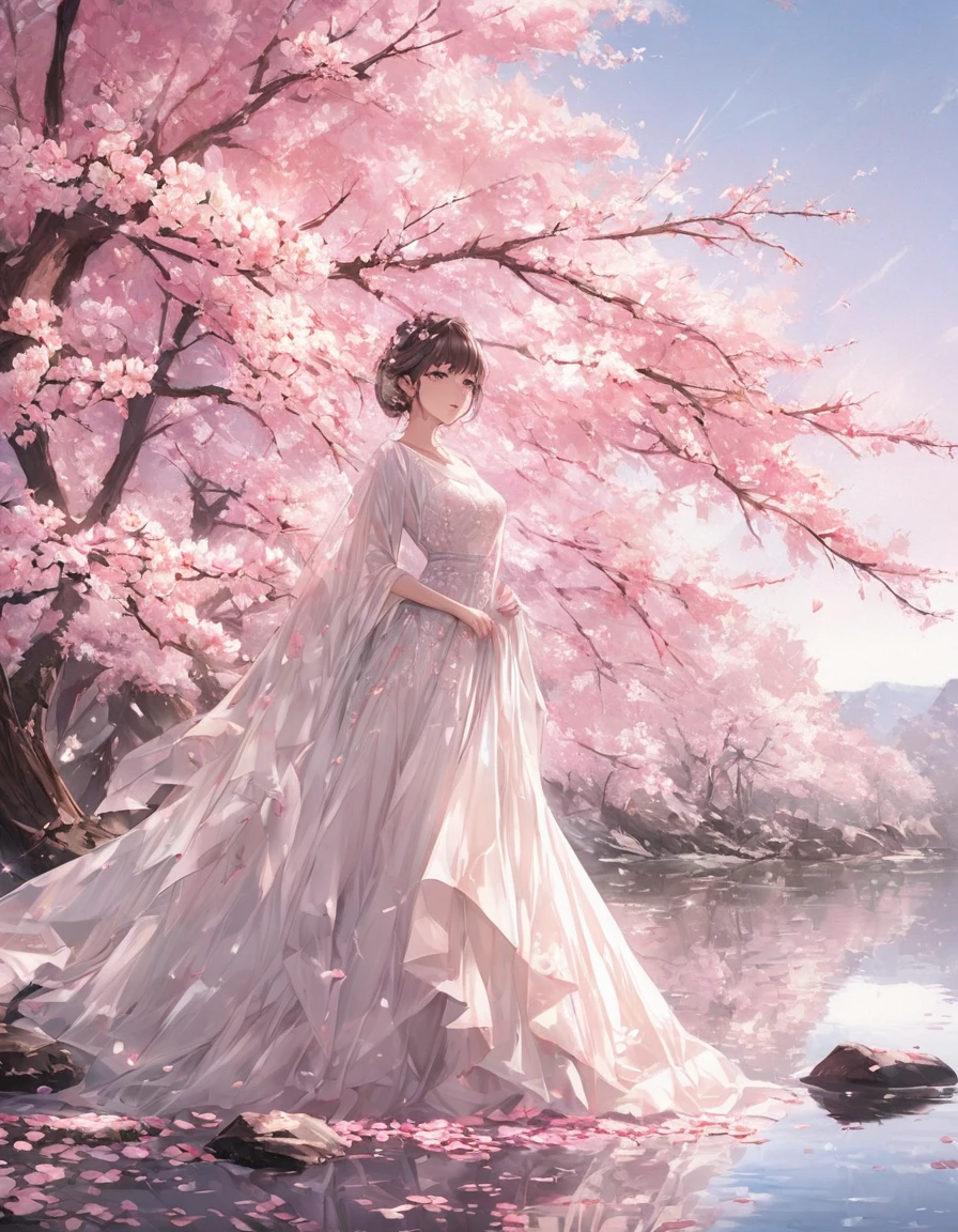 As a prodigious master of contemporary art, I envisage an exquisite portrayal of the theme "reflection" set along the banks of a tranquil river. Imagine this: a picturesque scene where cherry blossoms bloom abundantly along the river's edge, their delicate pink petals swaying gently in the breeze. My prompt calls for the creation of a hyper-realistic illustration capturing the mesmerizing sight of these blossoms mirrored flawlessly on the calm surface of the water. Each petal, each branch, is meticulously rendered to perfection, creating a scene of unparalleled beauty and tranquility. Through meticulous brushwork or digital wizardry, I shall bring this vision to life, inviting viewers to immerse themselves in the serene harmony of nature's reflection. This masterpiece will evoke a sense of wonder and reverence, celebrating the timeless beauty of the natural world and the artistry of its reflection.