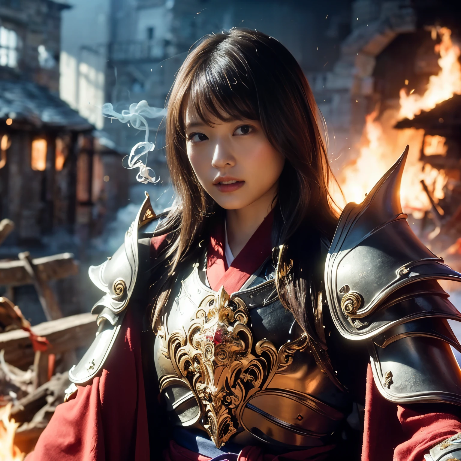 (((Realistic, masterpiece, best quality, crisp detail, high definition, high detail, sharp focus, perfect studio lightning))), 20 years old assassin, kasumi arimura, wearing (((fully decorated golden armor, armored kimono))), dirty, sweating, blood scattered, bloodbath, carnage, fire everywhere, smoke everywhere, blood everywhere, death everywhere, japan bakumatsu period, (((dead bodies,carcass, ,fire,smoke,ruined castle,hell) traditional village background)