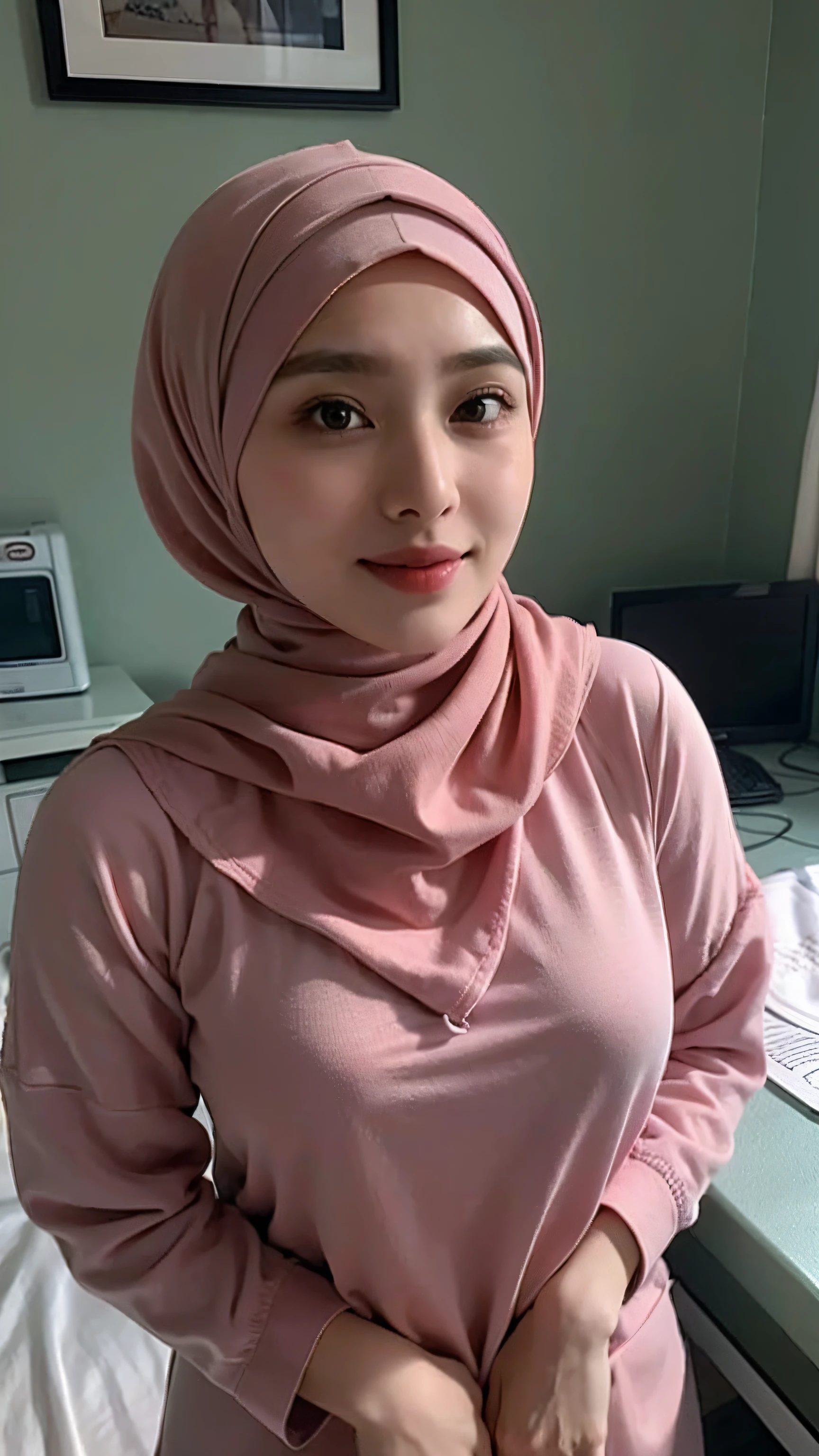 A hijab woman lies on a hospital room,Looks weak。On the table next to the hospital bed was a letter and a credit card, showing super big breast,(P cup),long hijab,sexy body,breast looming out clothes,standing, gently smiling